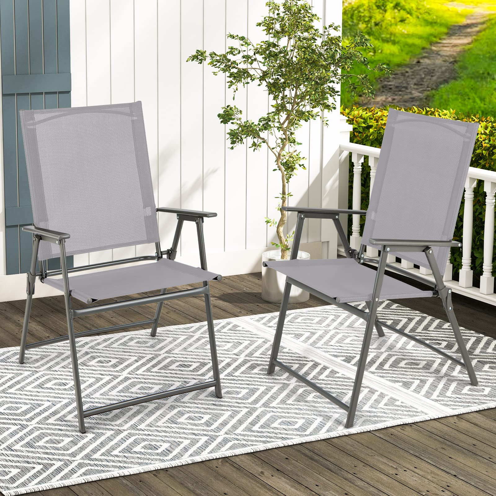 Giantex 4-Pack Folding Patio Chairs Set - Rustproof Metal Frame Outdoor Lawn Chairs for Porch, Deck, Garden, Backyard & Camping - Portable Dining Chairs (Gray) - Perfect for Outdoor Gatherings, BBQs, Picnics and Beach Trips