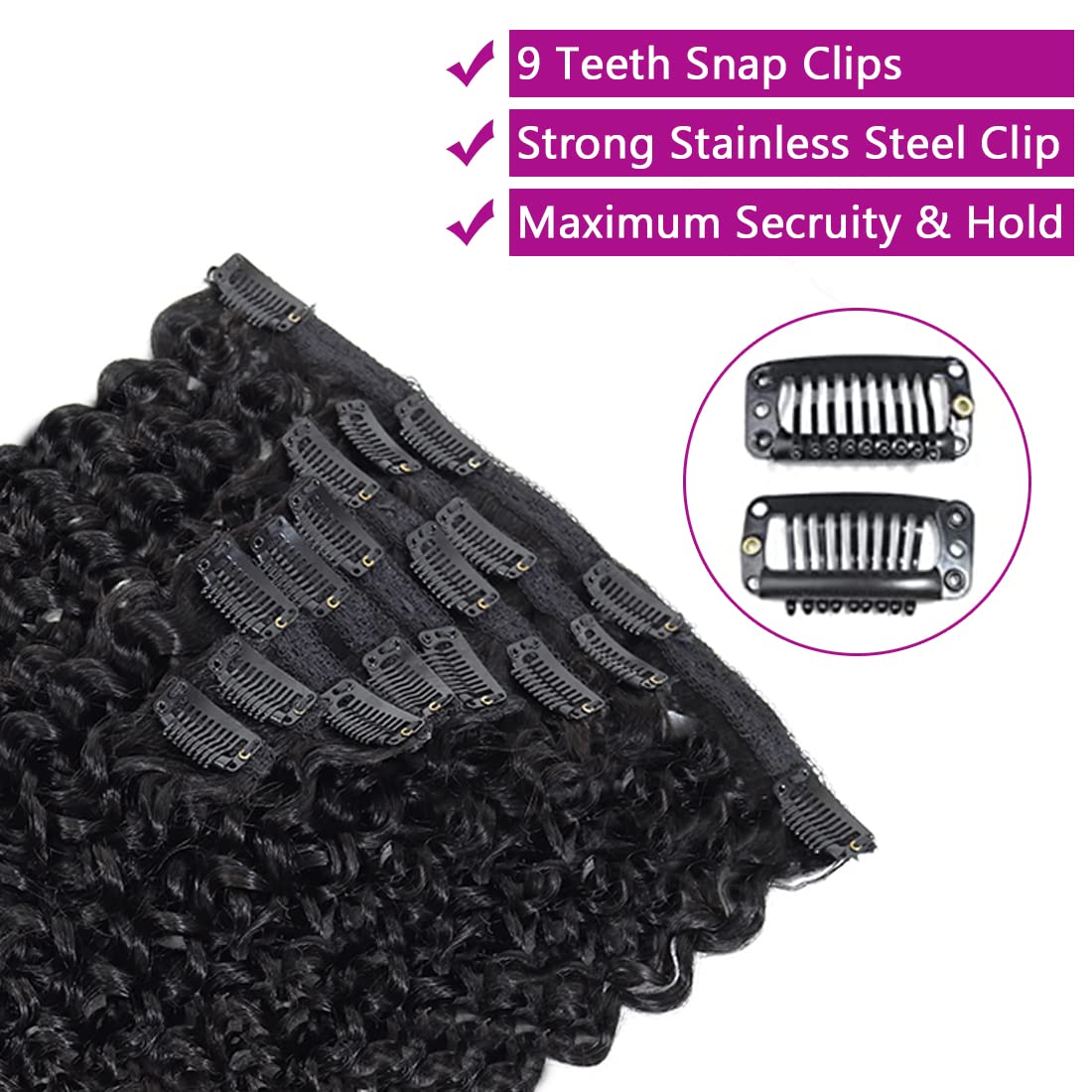 Kinky Curly Clip-In Human Hair Extensions - 1 Set 3C/4A Curly Wave Weft (8 Pieces/Lot, 20