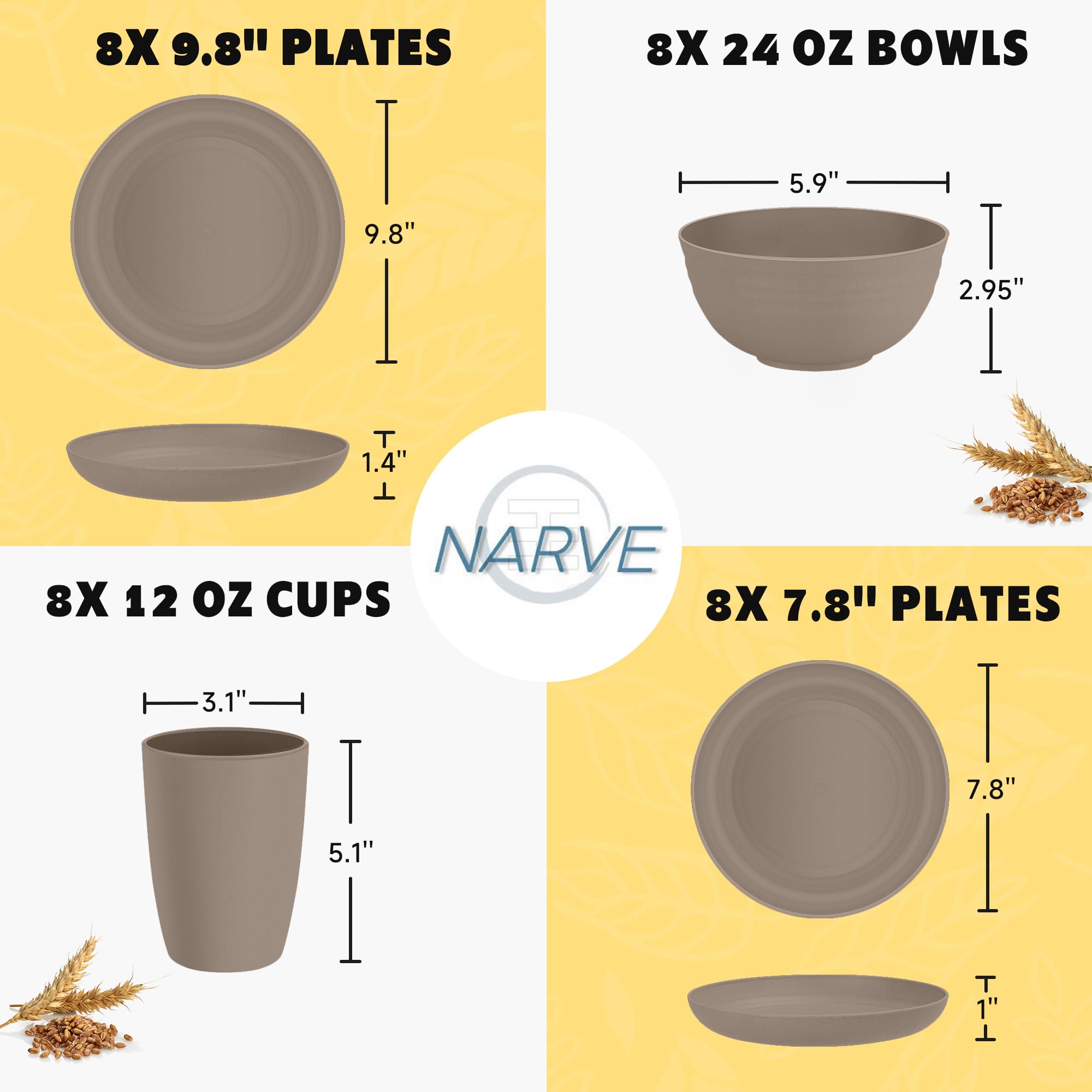 32-Piece Wheat Straw Dinnerware Set | Unbreakable, Microwave & Dishwasher Safe | Eco-Friendly Plates & Bowls for 4 | Lightweight Reusable Dinnerware (Desert Taupe) | Perfect for Camping, Picnics & Everyday Use