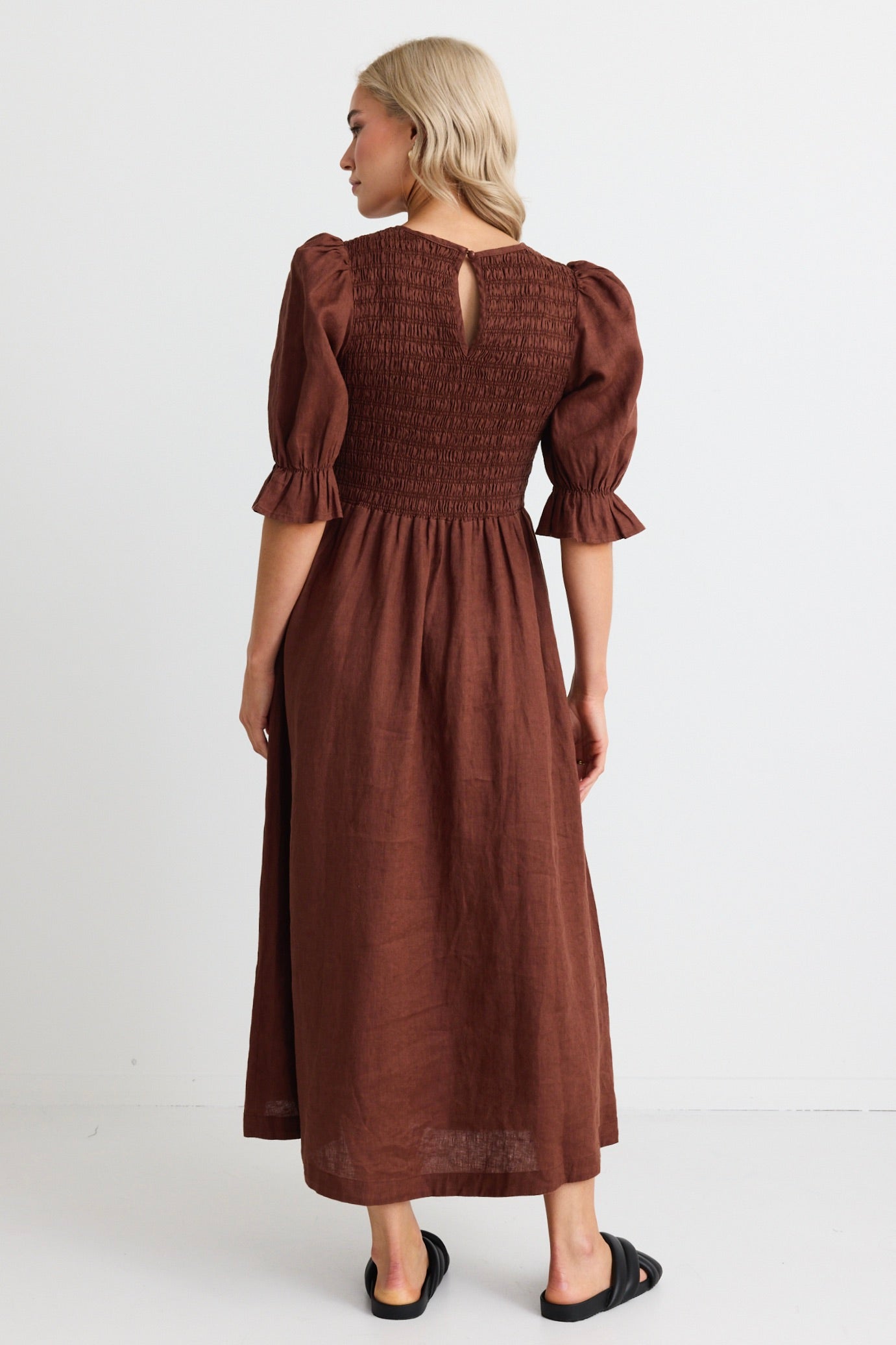 Canary Chocolate Linen Puff Sleeve Shirred Bodice Midi Dress - Elegant Summer Dress for Women, Perfect for Beach Vacations, Garden Parties & Date Nights