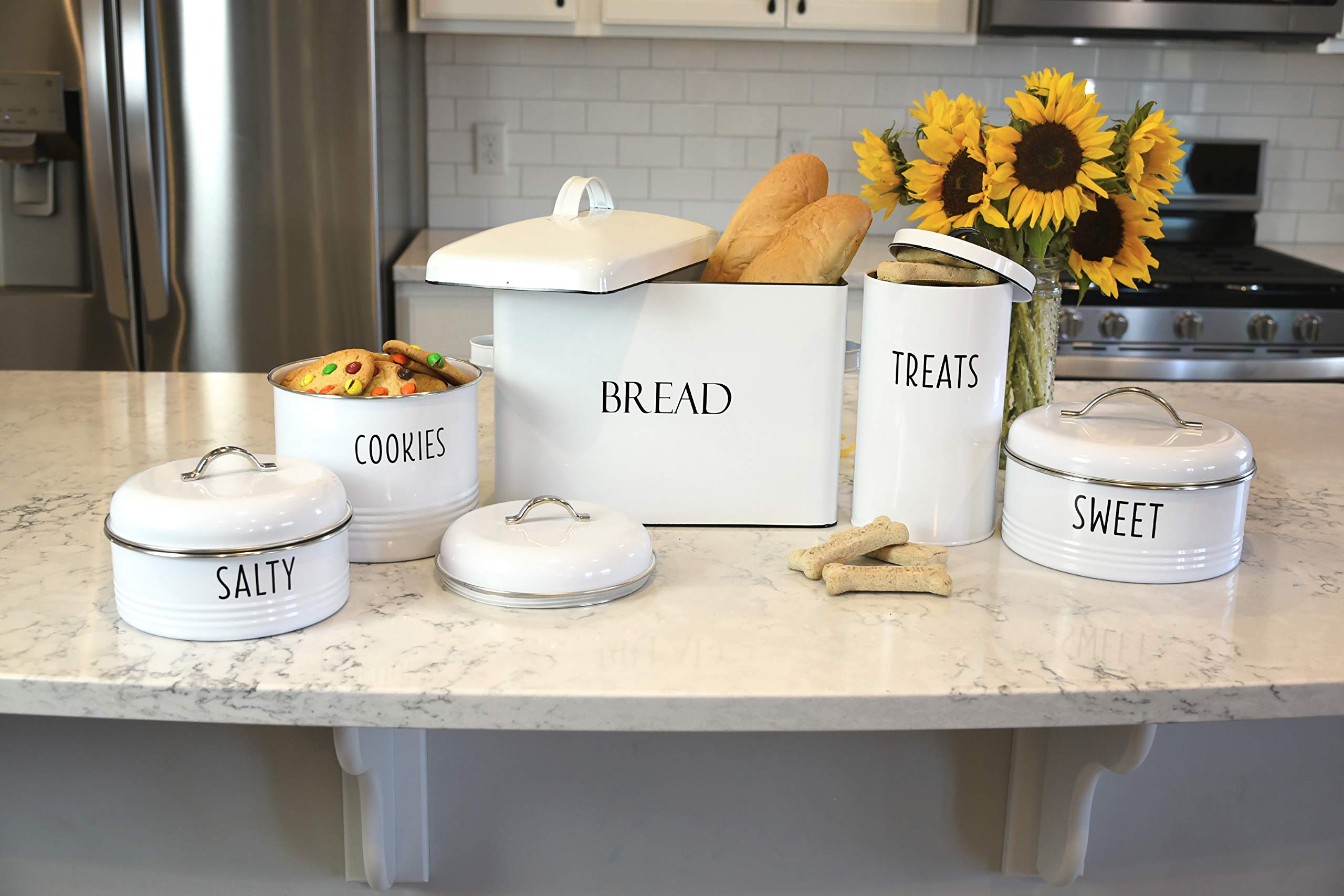 Modern White Bread Box & Cookie Jar Set with Treats Canister + 2-Piece Snack Containers - Perfect for Kitchen Storage, Pantry Organization & Home Baking Essentials