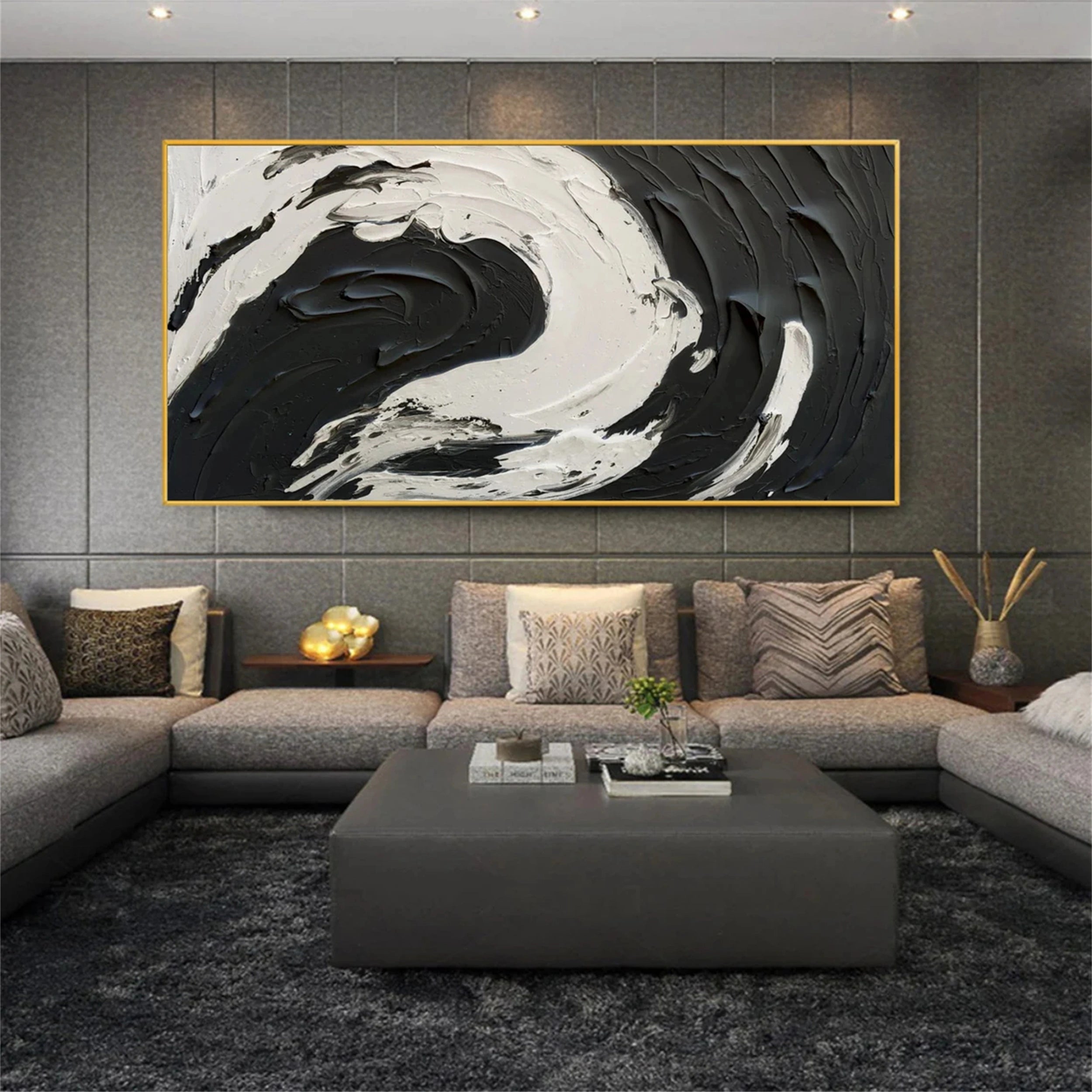 Black and White Textured Minimalist Wall Art Print - Modern Abstract Canvas Painting for Living Room, Bedroom & Office Decor #MZ052