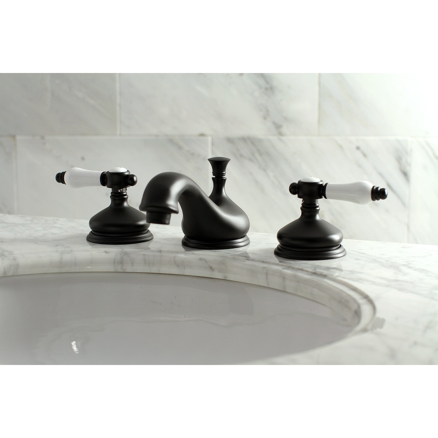 Bel Air KS1160BPL Matte Black Widespread Bathroom Faucet - 2 Handle 3 Hole Deck Mount with Brass Pop Up Drain - Perfect for Modern Bathroom Renovations and Luxury Home Upgrades