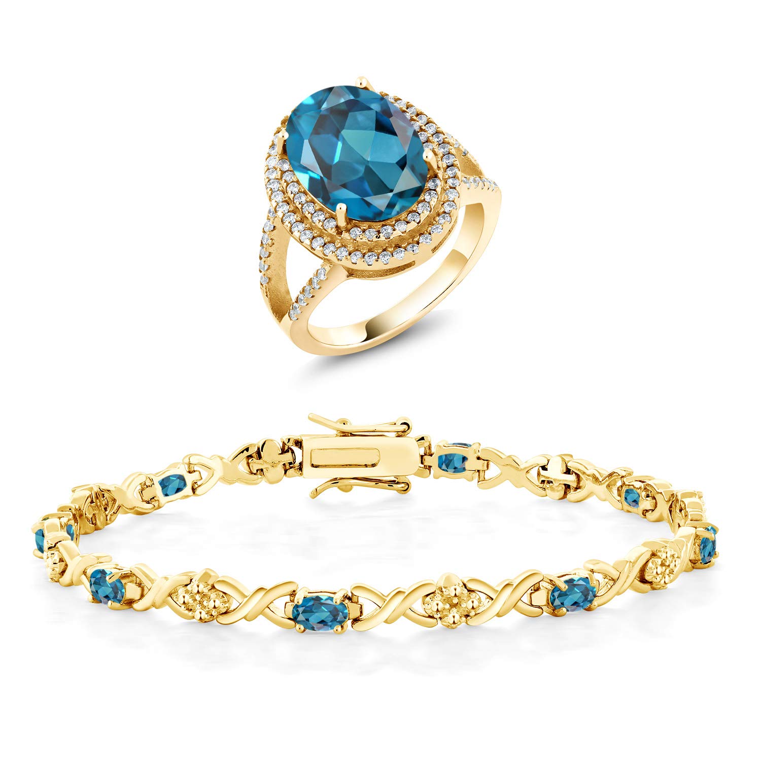12.14 Ct Oval London Blue Topaz 18K Gold Plated Silver Ring & Bracelet Set for Women | Elegant Jewelry Gift for Anniversary, Birthday & Special Occasions