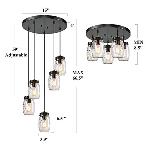 Rustic 5-Light Mason Jar Chandelier - Farmhouse Pendant Lighting for Kitchen Island & Dining Room - Perfect for Country Style Home Decor & Cozy Dining Ambiance