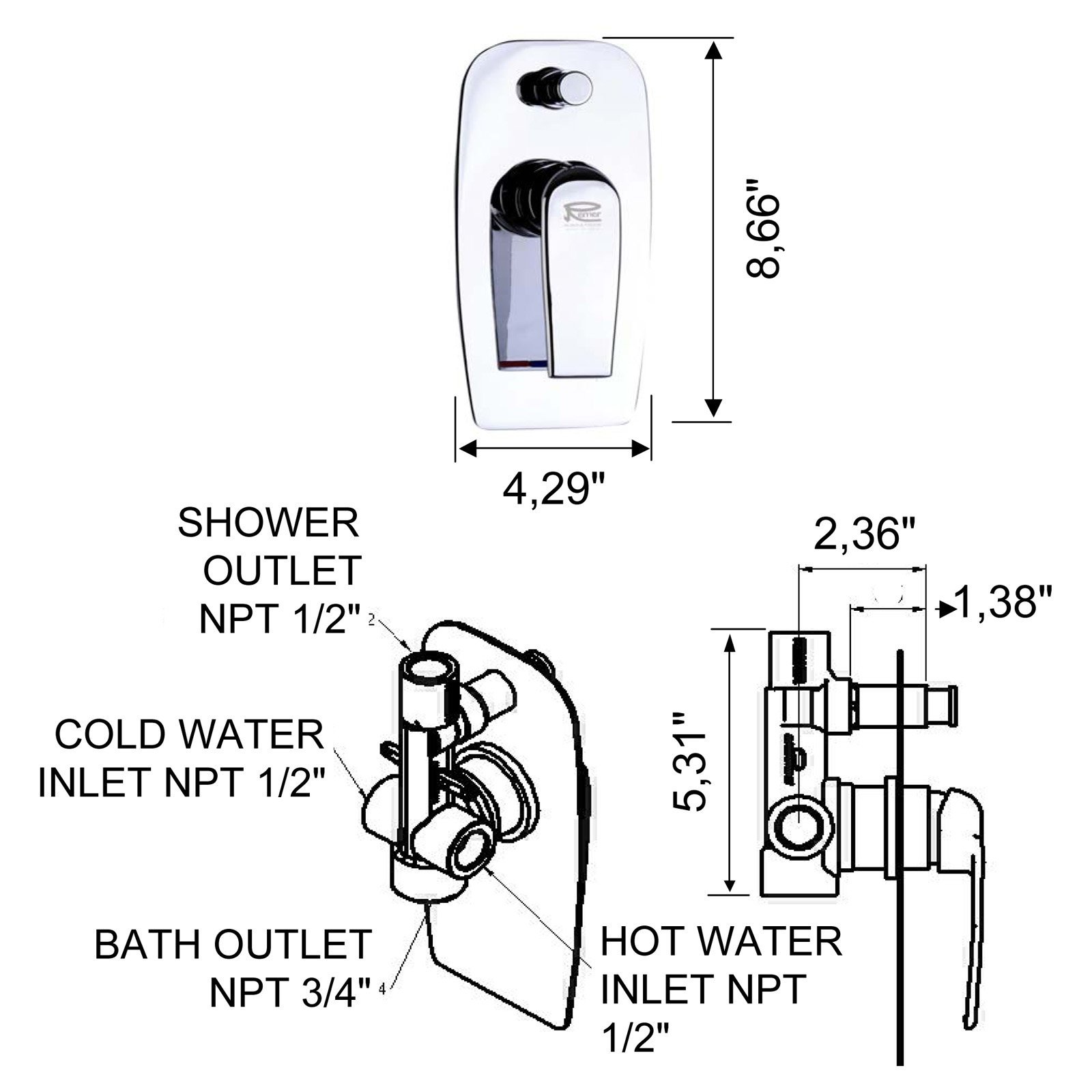 Remer A09US-CR Polished Chrome Pressure Balance Single Lever Tub and Shower Mixer Valve - Built-in Thermostatic Control for Precise Temperature, Perfect for Bathroom Renovation and Modern Home Installation