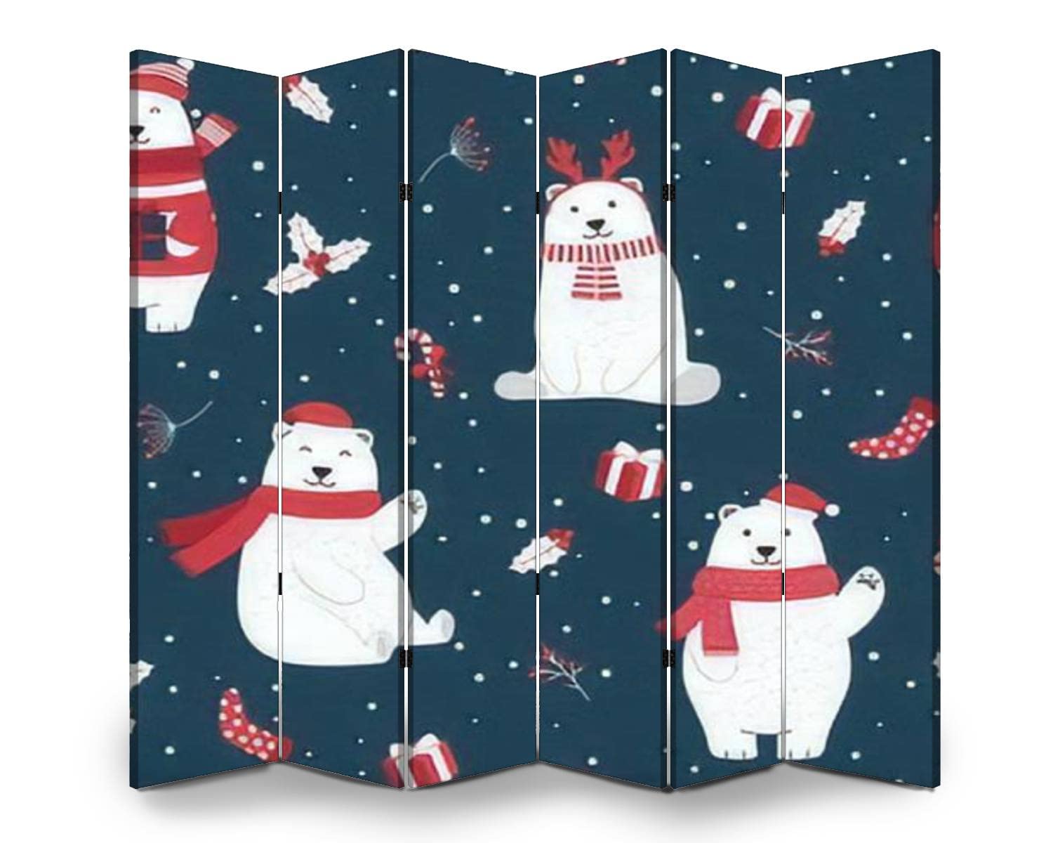 6-Panel Folding Room Divider Screen - Christmas Polar Bear Winter Theme with Holly Berry Pattern - Freestanding Privacy Partition for Indoor/Outdoor Use - Perfect for Home Office, Nursery Separation, and Event Decoration