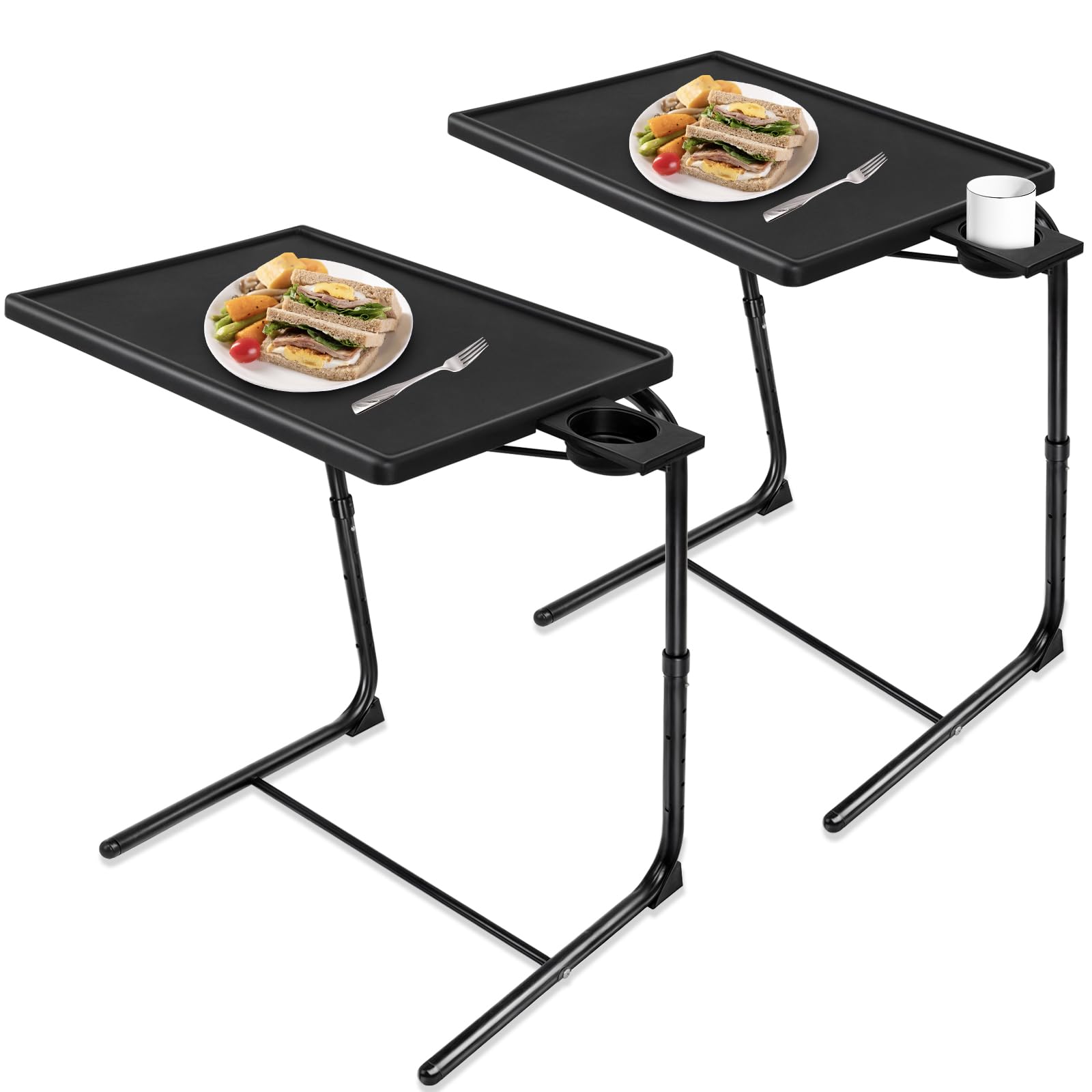 Adjustable TV Tray Table Set of 2 - 3 Angle Tilt & 6 Height Positions, Foldable Bedside Table with Cup Holder for Eating, Working, Reading in Living Room, Bedroom or Office - Perfect for Couch, Sofa & Home Use
