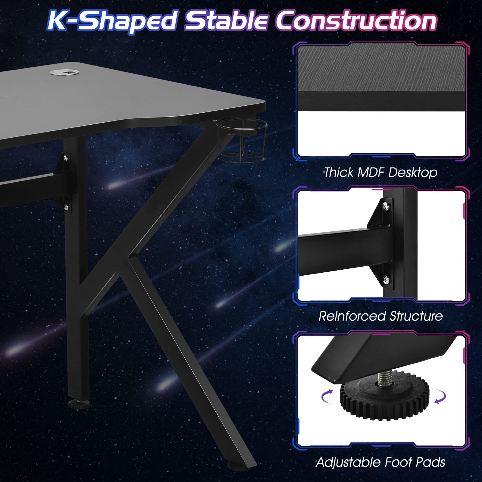 **48 Inch K-Shaped Gaming Desk with Cup Holder & Headphone Hook - Ergonomic PC Computer Desk for Gamers, Home Office & Workstation - 2 Cable Management Holes, Durable Black Design - Perfect for Esports, Streaming & Remote Work**