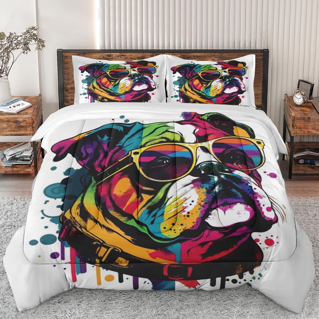 King Size Comforter Set - Vintage Bulldog Dog Soft Bedding for Kids & Adults, Animal Retro Cute Bedding with 2 Pillowcases - Perfect for Bedroom Decor & Cozy Home Styling