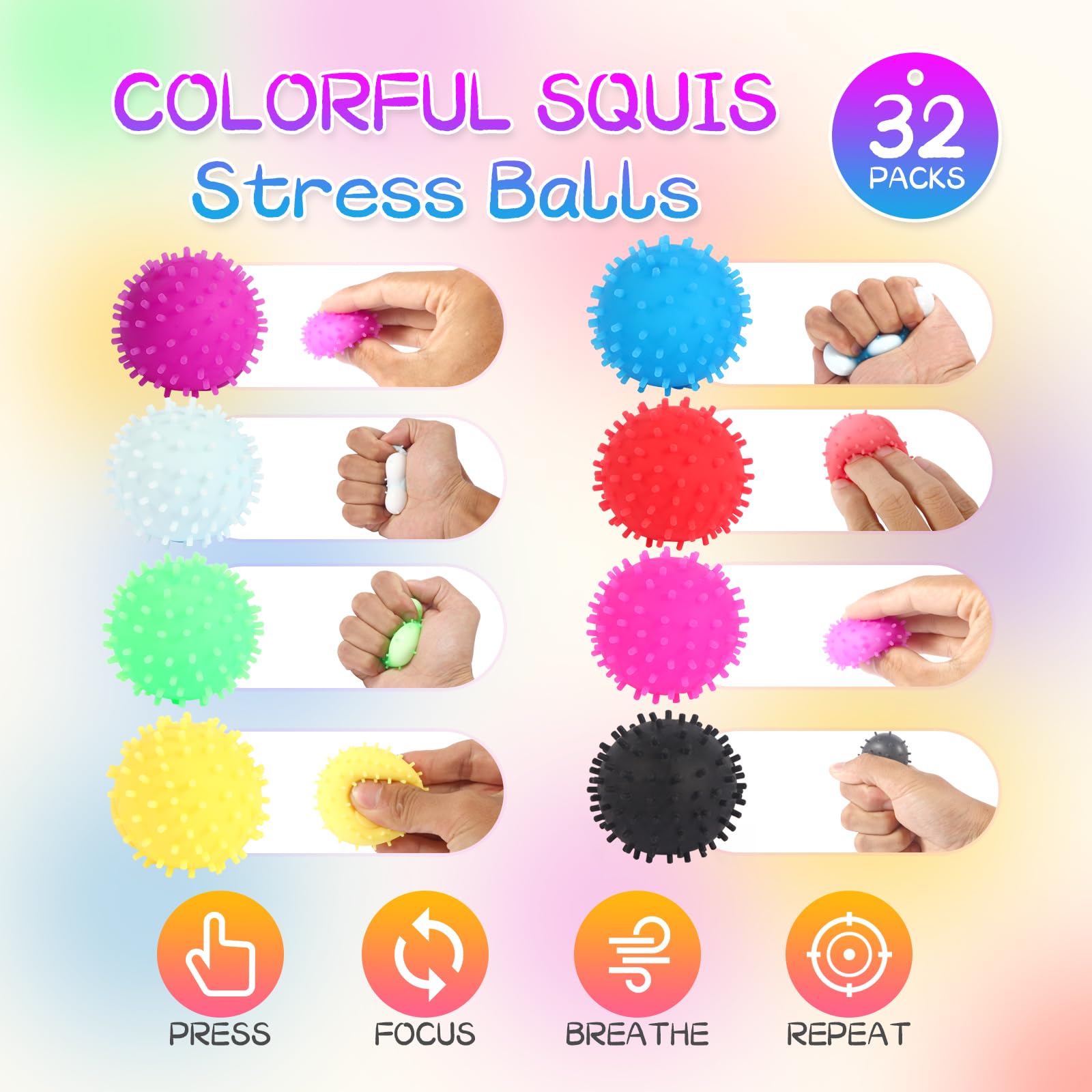 32 Pack Mini Spiky Stress Balls - Stretchy Fidget Toys for Anxiety & Stress Relief | Sensory Squishy Toys for Kids & Adults | Perfect for Classroom Prizes, Party Favors, Office & Home Stress Relief