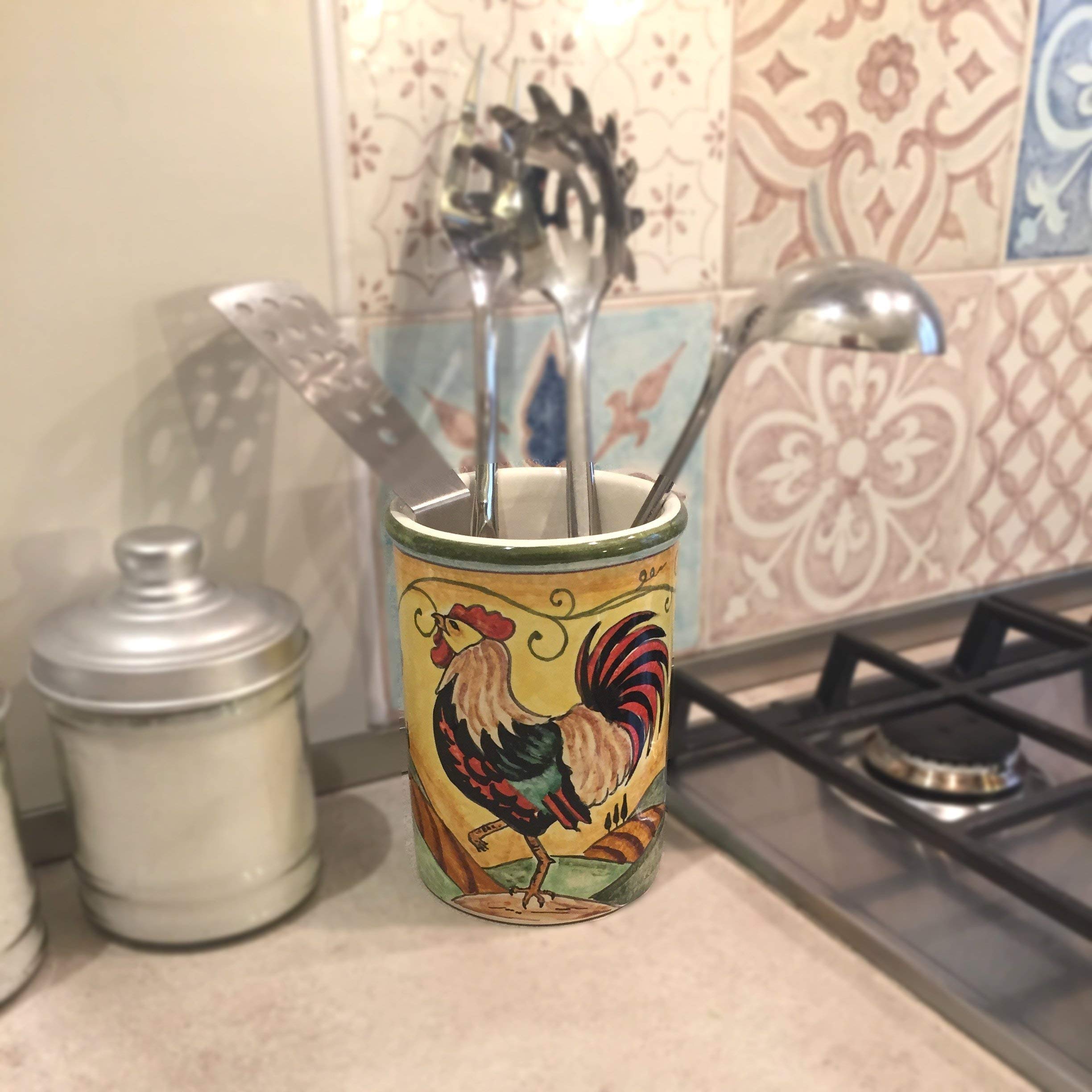 Italian Ceramic Utensil Holder - Hand Painted Tuscan Rooster Design Art Pottery Made in Italy | Kitchen Countertop Decor, Farmhouse Style Home Accessory