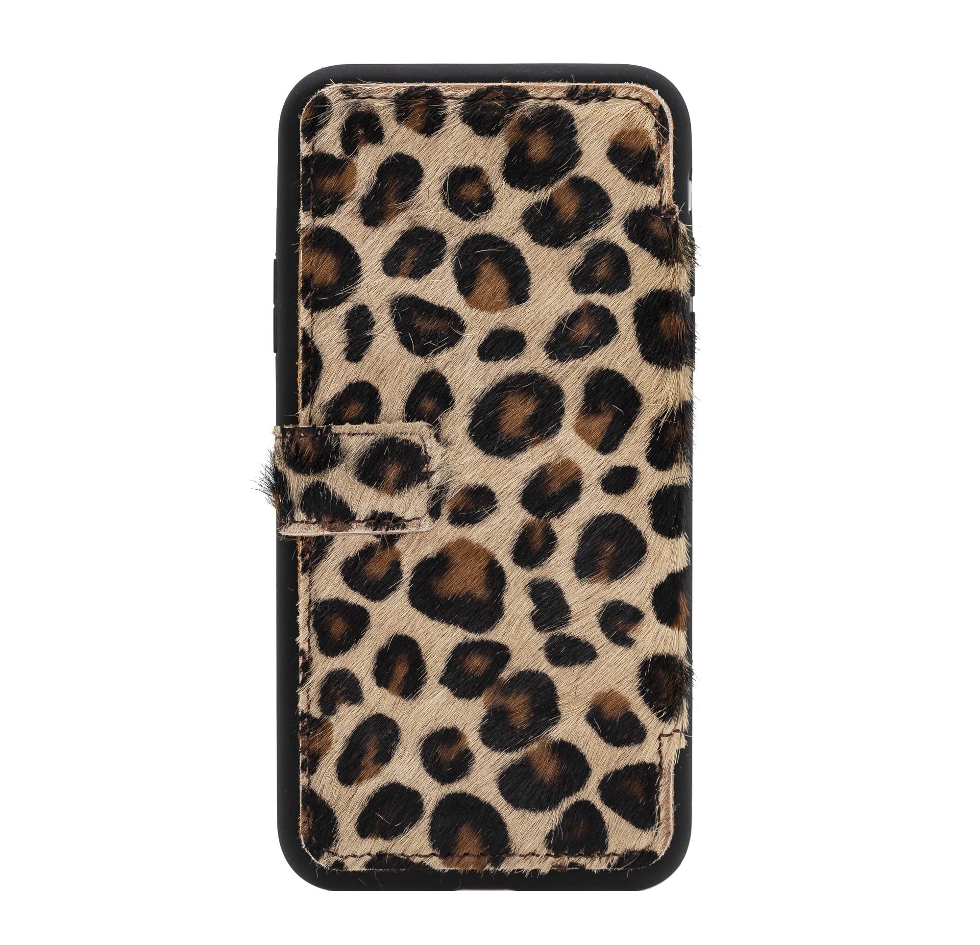 Venito Verona Genuine Leather iPhone X/XS (5.8 inch) Wallet Case with RFID Blocking - Slim Flip Cover with Card Slots - Faux Fur Leopard Print Design - Perfect for Everyday Use & Travel Protection
