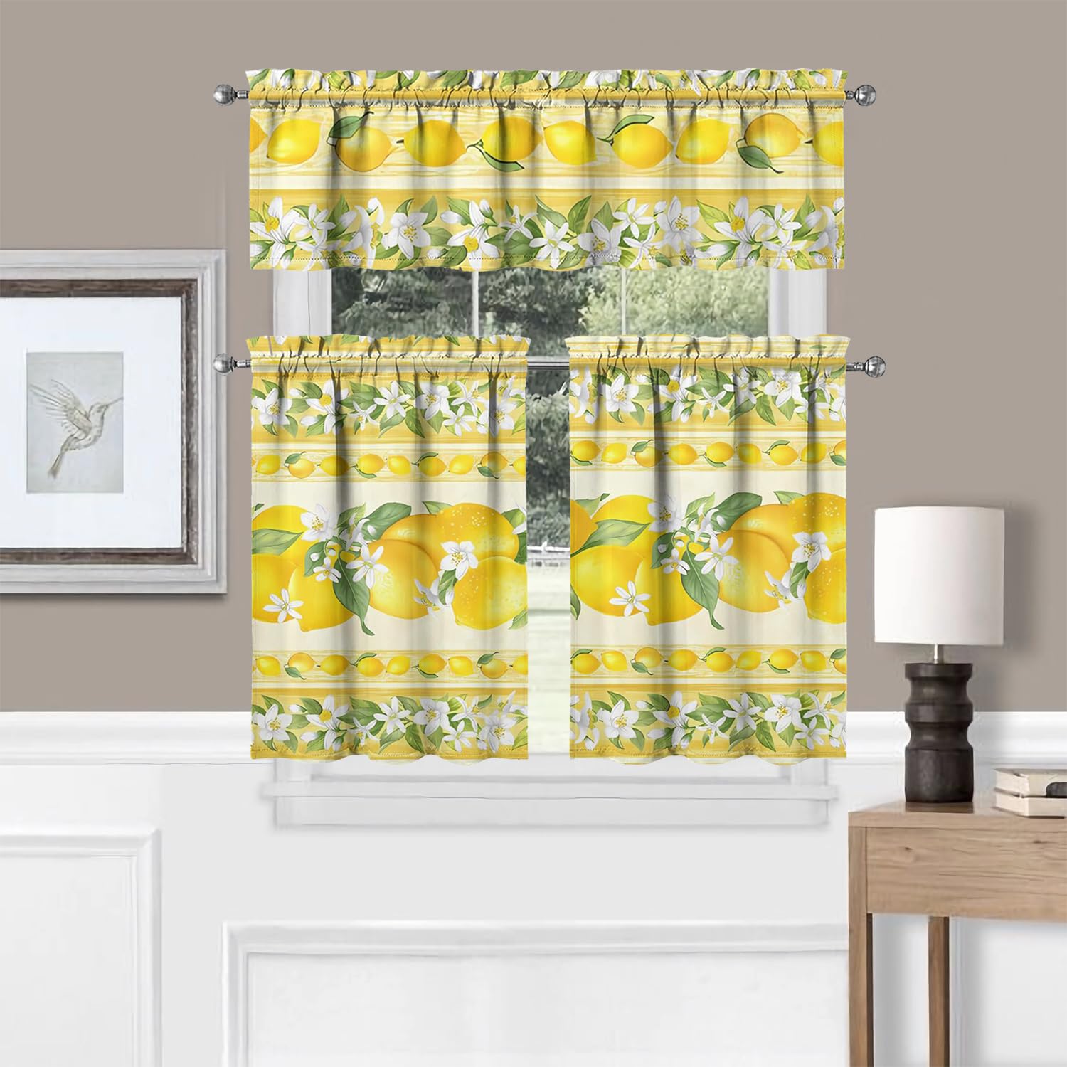 Lemon Kitchen Curtains Set - 3 Piece Window Valance for Sink (54x36