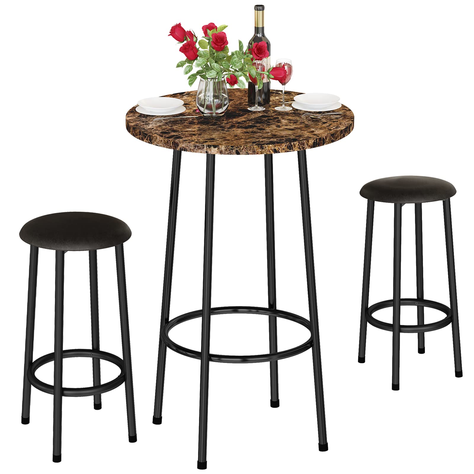 DKLGG 3-Piece Bar Table and Chairs Set - 36 Inch Round Kitchen Breakfast Nook Table with 2 Adjustable Height Bar Stools, Modern Bistro Pub Table for Small Spaces - Perfect for Kitchen, Dining Room, Living Room, Home Bar & Party Decor (Brown)