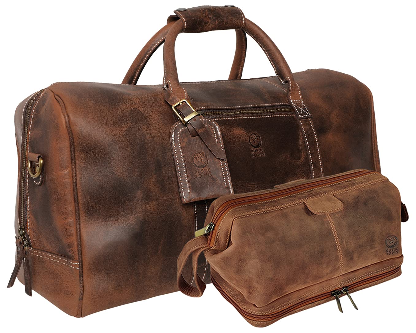 RUSTIC TOWN Genuine Leather Duffel Bag & Toiletry Bag Set - Premium Men's Travel Accessories for Overnight Trips, Business Travel & Gym - Perfect Gift for Him