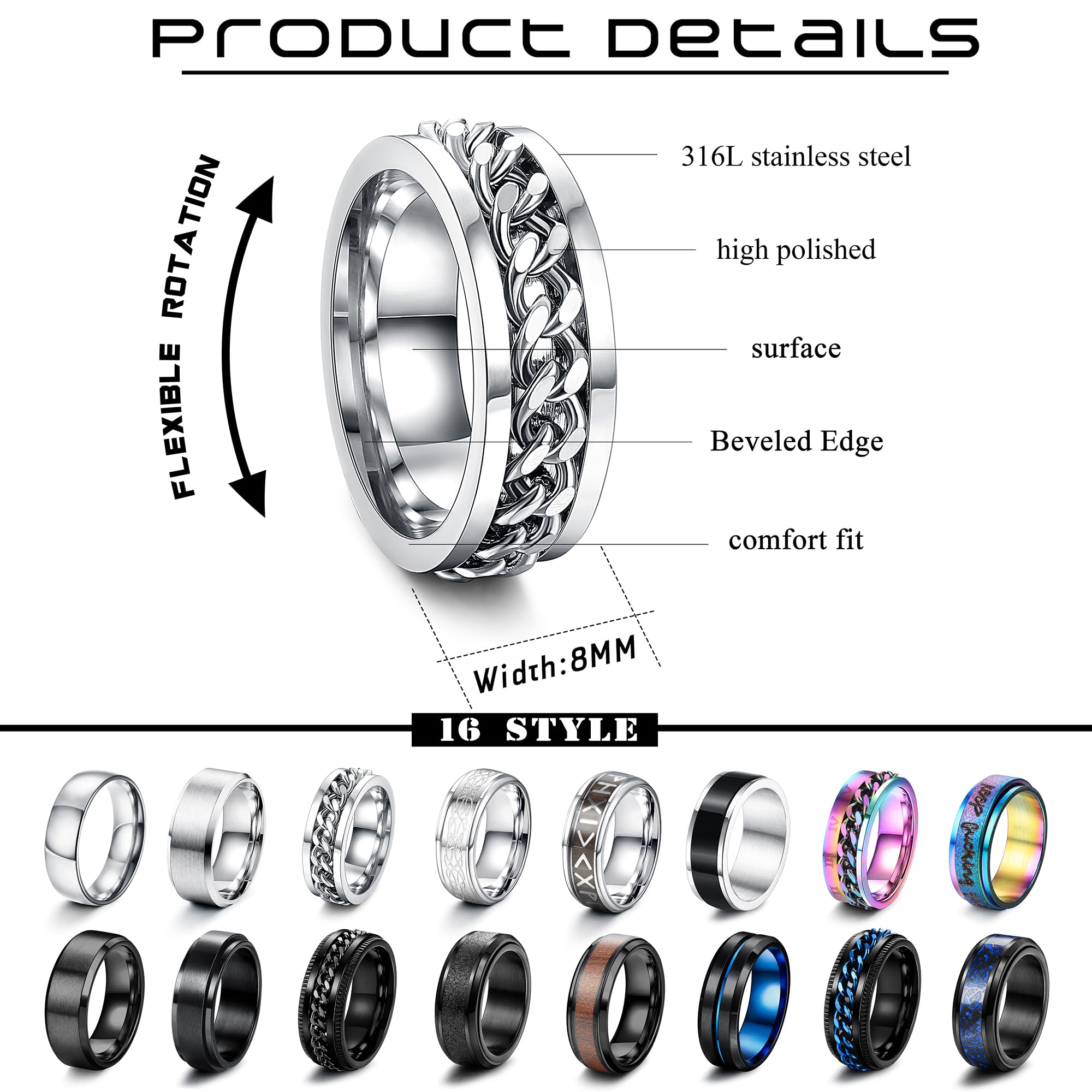 CASSIECA 16 Pcs Stainless Steel Spinner Fidget Rings for Men - Silver & Black Matte Finish, Polished Band, Celtic Chain & Bottle Opener Rings - Wedding, Engagement, Promise Rings (Size L1/2-Z1/2) - Perfect for Stress Relief, Gifts & Everyday Wear