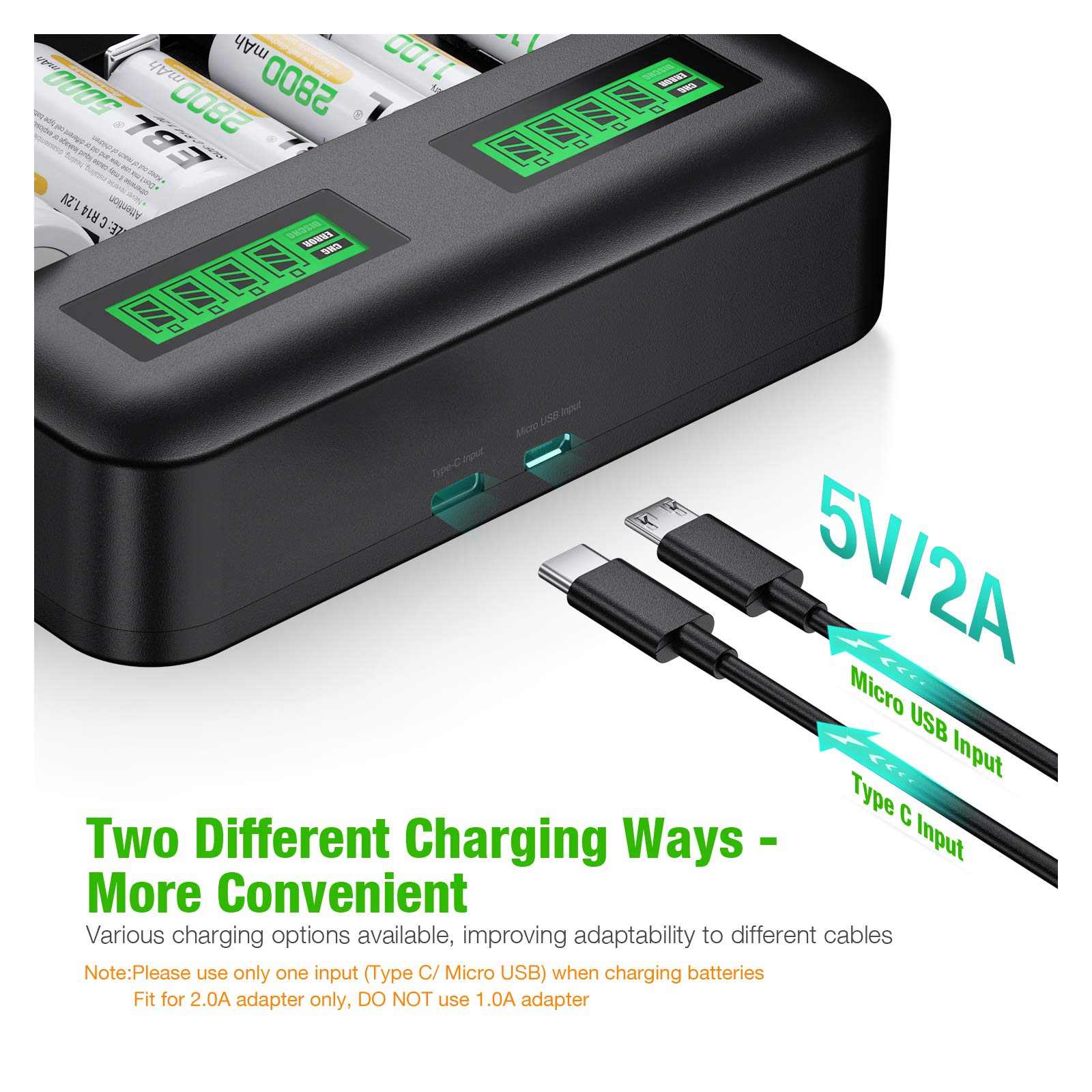 EBL LCD Rechargeable Battery Charger - 8 Bay AA AAA C D Ni-MH Battery Charger with 2A USB Port & Type-C Input for Home, Office, and Travel Use
