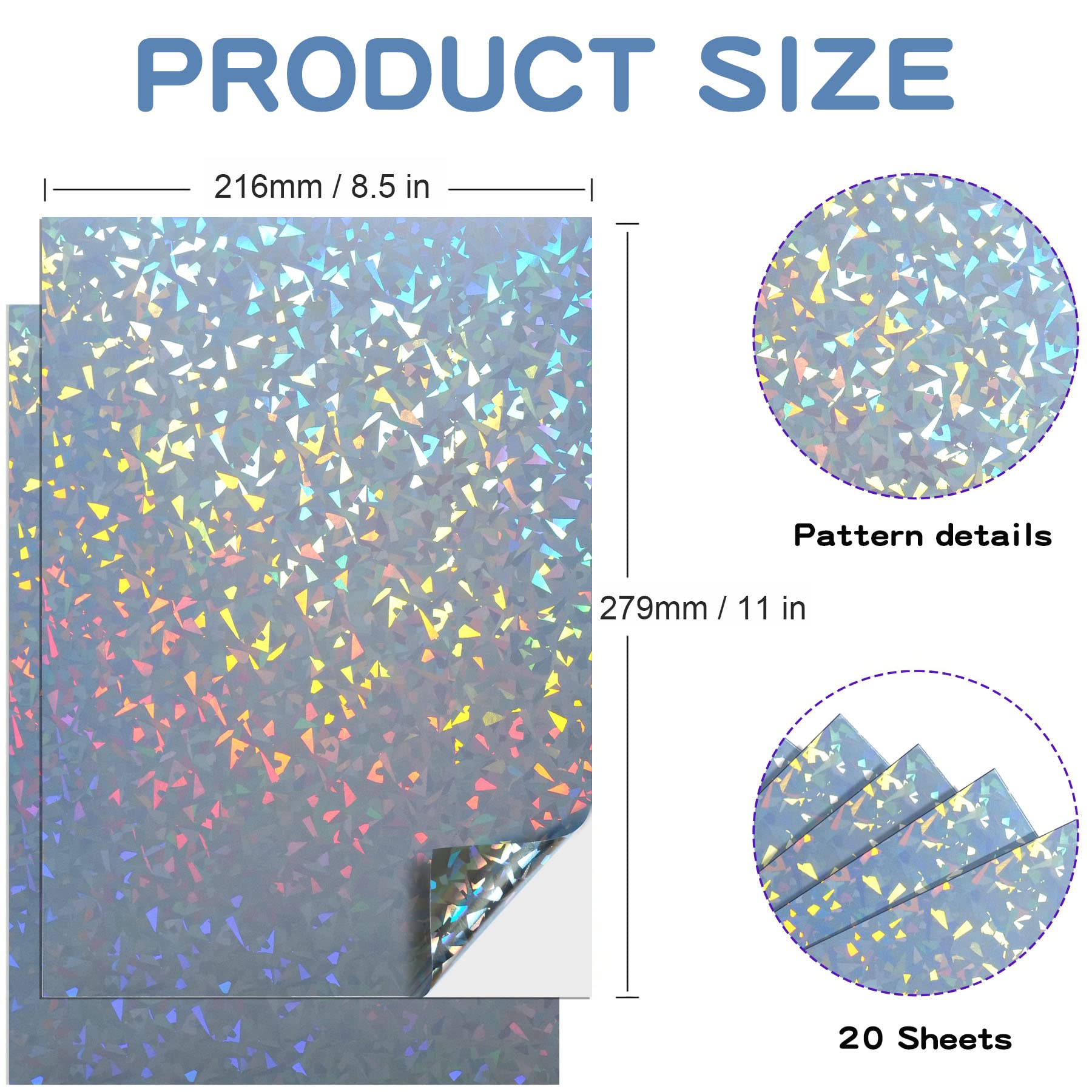 Holographic Printable Sticker Paper - Vinyl Rainbow Sticker Sheets for Inkjet & Laser Printers (20 Sheets, 8.5 x 11 Inch) | Quick-Dry Waterproof Sticker Paper | Diamond Style for DIY Crafts, Scrapbooking & Decoration
