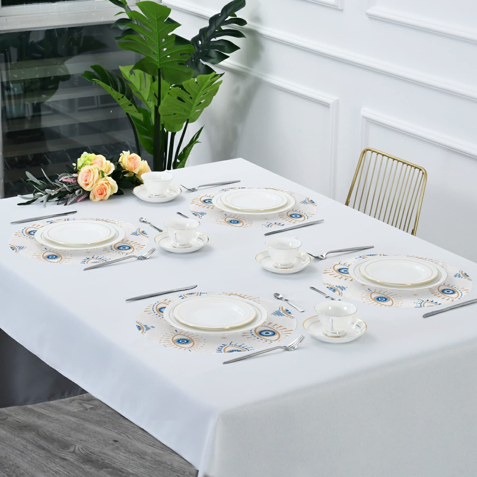 Xigua Set of 6 Round Heat-Resistant Placemats for Dining Table - Washable & Stain-Resistant Kitchen Table Mats with Evil Eye Design | Perfect for Everyday Meals, Dinner Parties & Home Decor