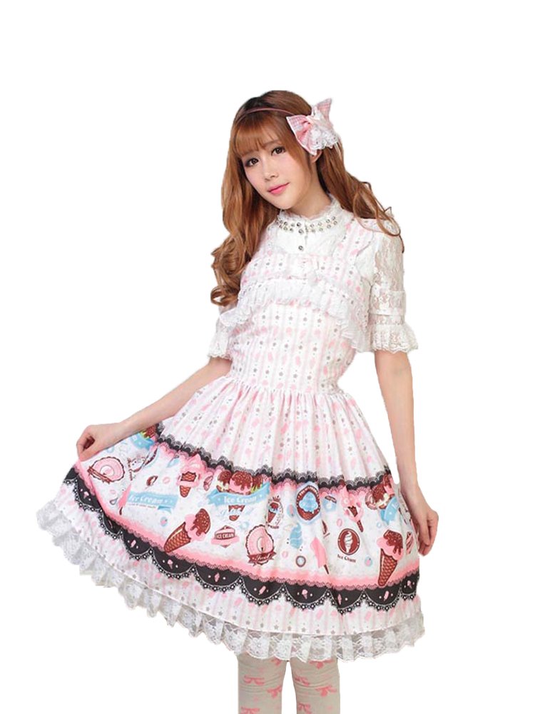 Ainclu Women's Pink Polyester Japanese Lolita Dress - Soft Sweet Princess Print Strap Dress for Cosplay, Tea Party & Kawaii Fashion