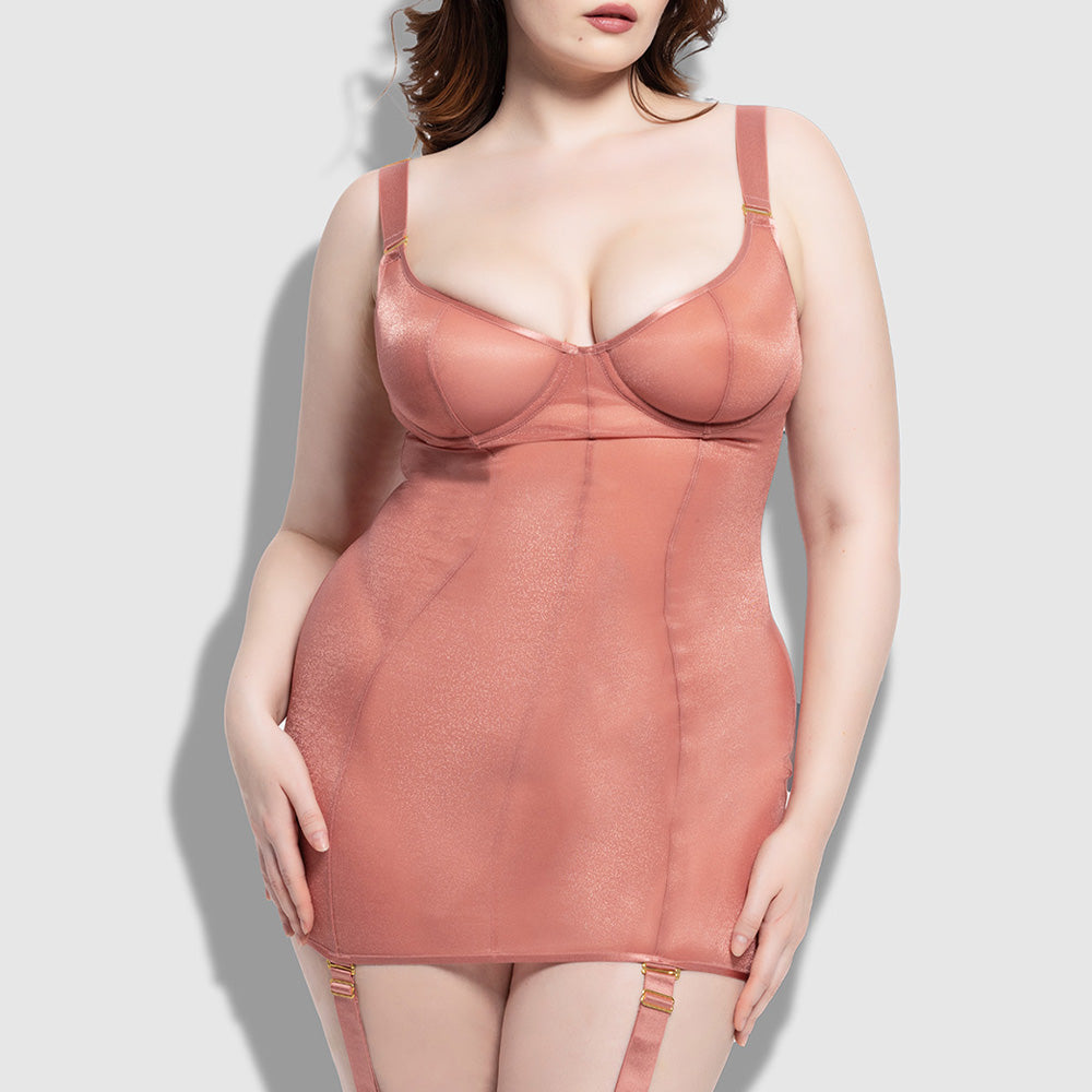 Yvone Sheer Mesh Gartered Chemise & G-String Set for Curvy Women - Sexy Lingerie for Date Night & Boudoir Photography