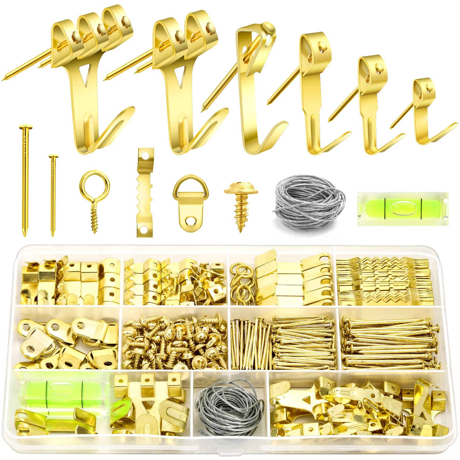 Modacraft 372PCS Heavy Duty Picture Hanging Kit - Includes Hooks, Nails, Wire & Mini Level for Frames, Mirrors, Canvas - Supports Up to 75lbs on Plasterboard Walls - Perfect for Home Decor, Gallery Walls & Office Display