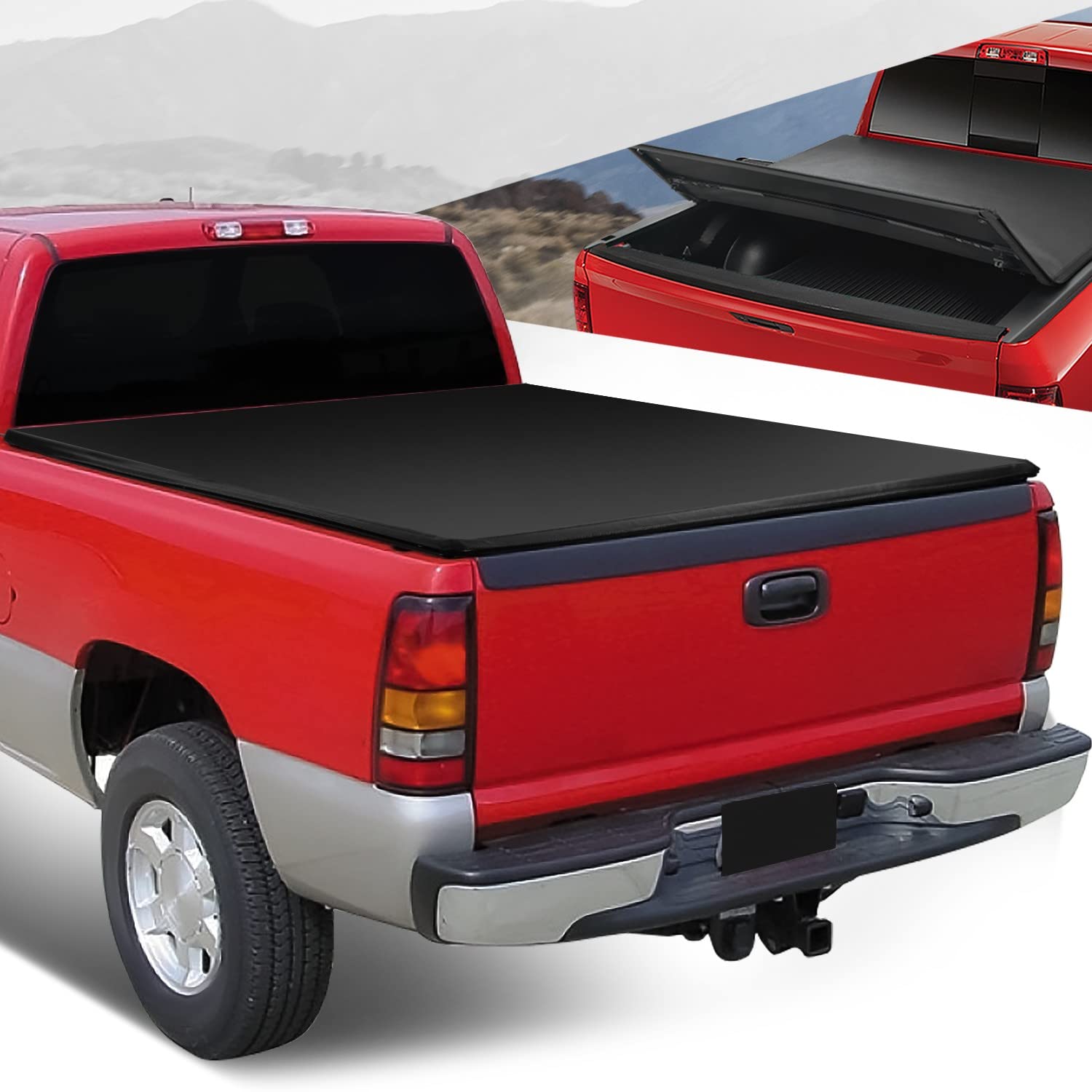 Auto Dynasty Soft Tri-Fold Truck Bed Tonneau Cover for 1999-2007 Chevy Silverado & GMC Sierra 1500/2500/3500/HD Classic - 6.5Ft Fleetside/Styleside Bed (No Rail System) - Matte Black - Weatherproof Protection for Cargo & Gear