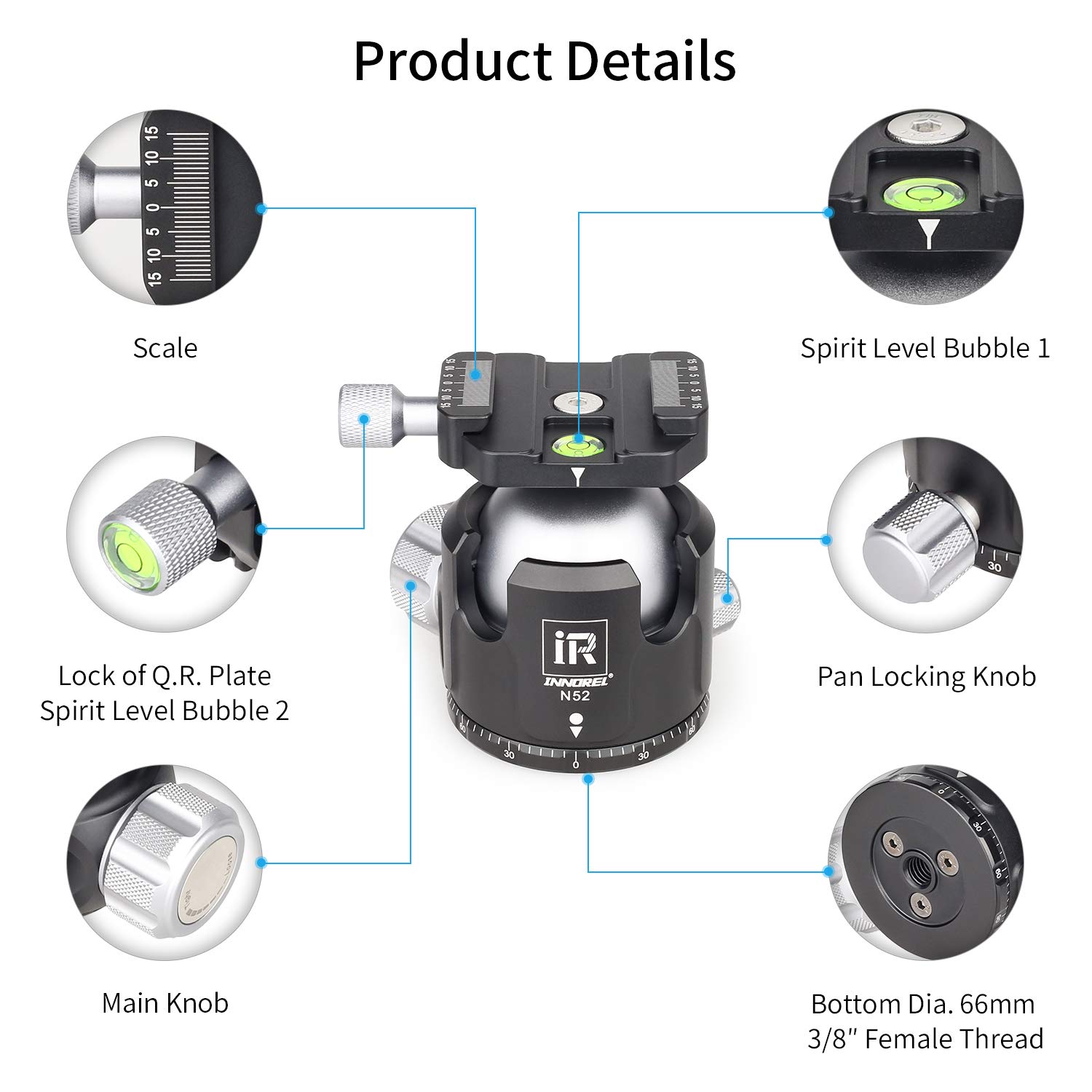 INNOREL N52 Low Profile Tripod Ball Head - CNC Metal Panoramic Camera Ball Head with Two 1/4