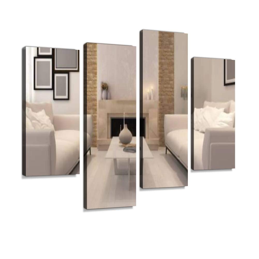 HIPOLOTUS 4 Panel Canvas Wall Art - Modern 3D Living Room with Fireplace & Furniture - Stretched & Framed Ready to Hang - Home Decor for Living Room, Bedroom, Office (24x36 Inches)
