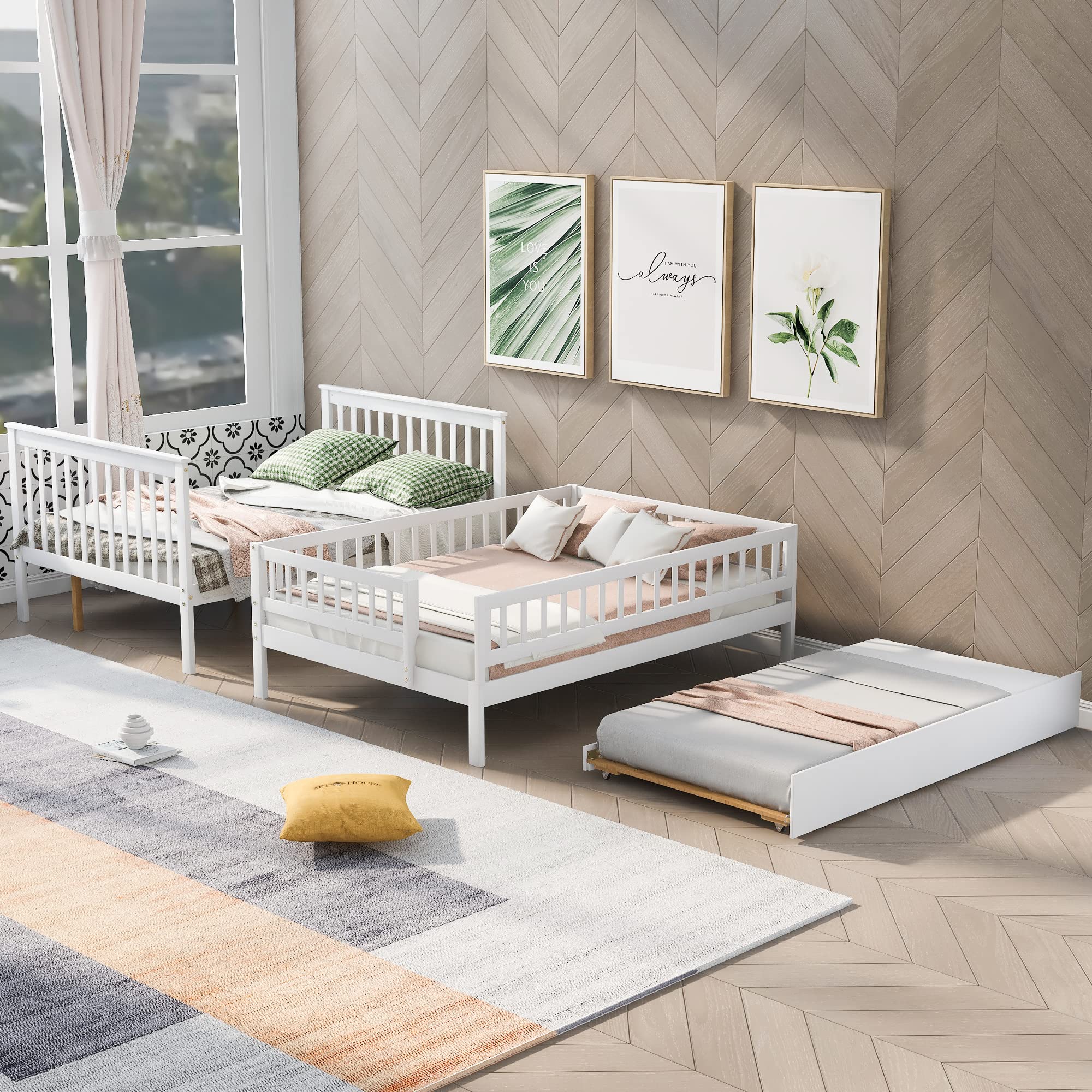 Harper & Bright Designs Full Over Full Bunk Bed with Trundle & Staircase - Solid Wood Bunk Bed for Kids, Teens & Adults - Space-Saving Bedroom Solution (White) - Perfect for Guest Rooms, Dorms & Small Spaces