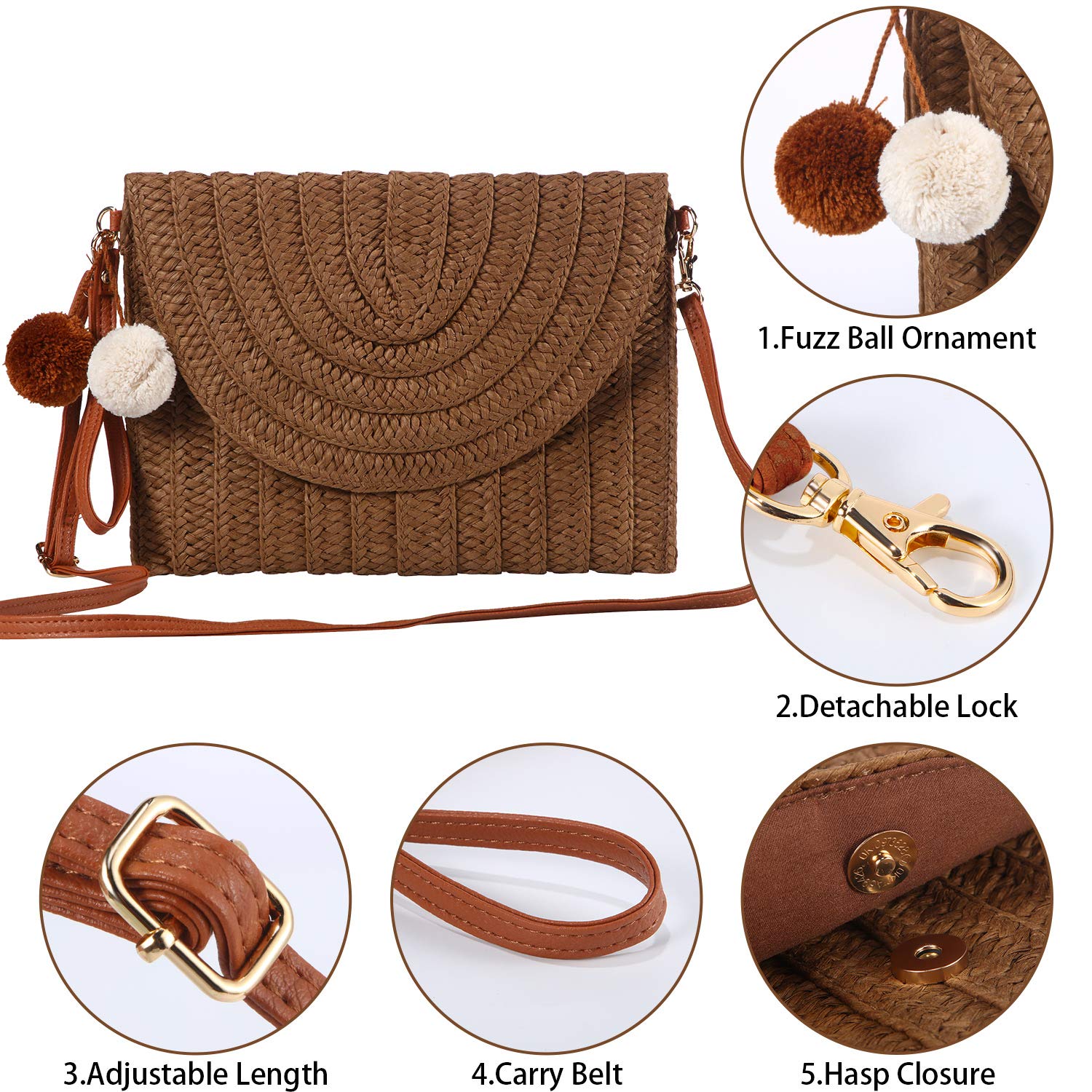 Stylish Frienda Straw Shoulder Bag for Women - Woven Straw Clutch Crossbody Wallet Purse - Perfect for Beach Vacations, Summer Outings & Boho Fashion