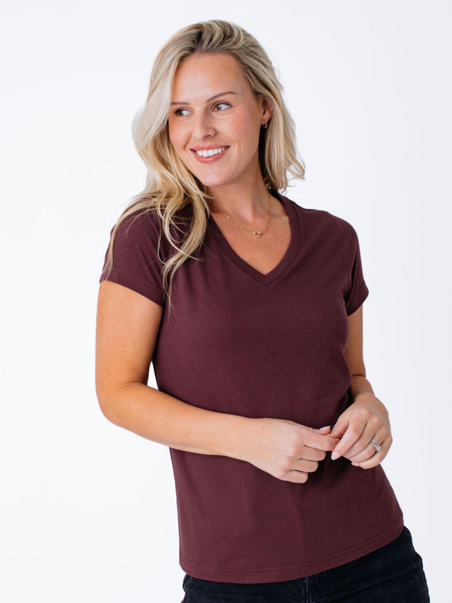 Women's Port Red V-Neck Blouse - Flowy Casual Top for Work & Weekend | Final Sale