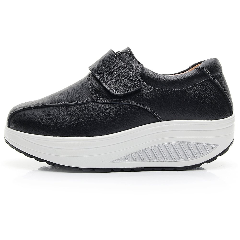 Rismart Women's Comfortable Wedge Rocker Sneakers - Smooth Leather Fashion Fitness Shoes for Walking, Workout & Casual Wear