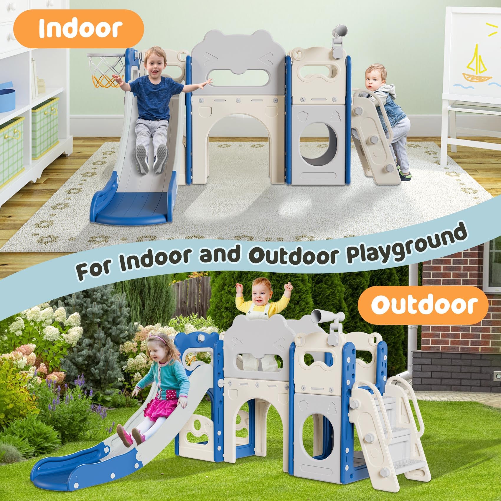 **Babytronic 8-in-1 Toddler Slide Set for Kids Ages 1-3 – Indoor & Outdoor Playground with Basketball Hoop & Telescope – Blue & Gray Baby Slide for Home, Backyard, Daycare & Playroom Fun**