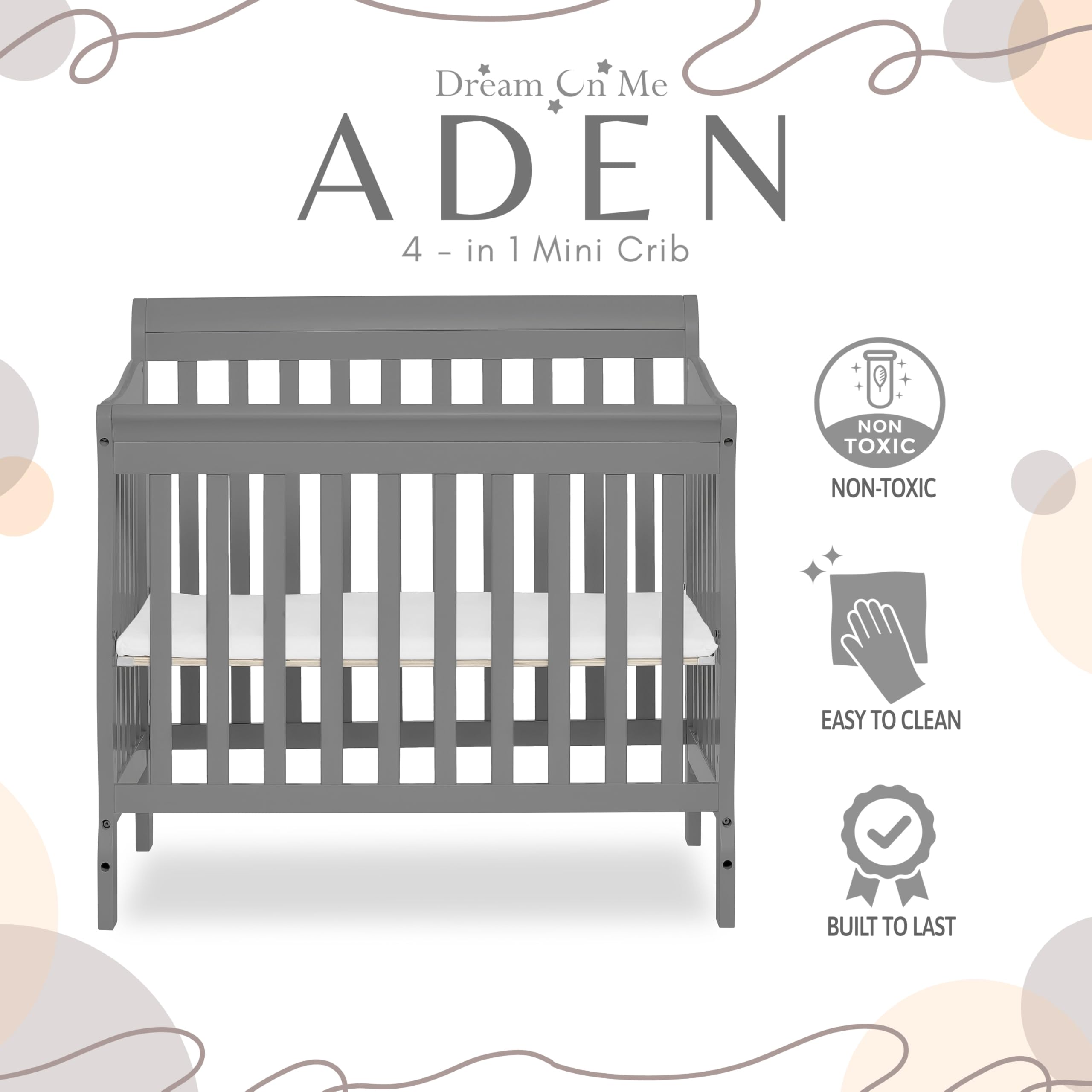 Dream On Me Aden 4-in-1 Convertible Mini Crib - Steel Grey | Greenguard Gold Certified | Non-Toxic New Zealand Pinewood | 3 Adjustable Mattress Heights | Perfect for Nursery, Small Spaces & Travel