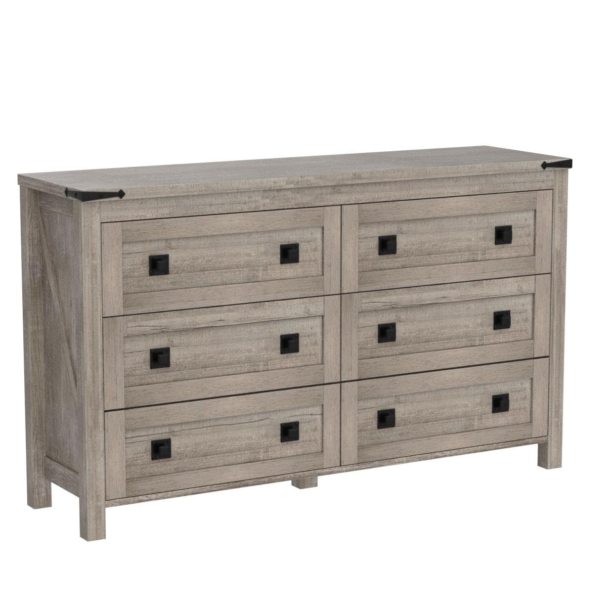 Farmhouse 6-Drawer Wood Dresser - Rustic Oak Storage Chest for Bedroom, Living Room & Hallway | Wide Drawer Organizer for Clothes, Linens & Home Decor