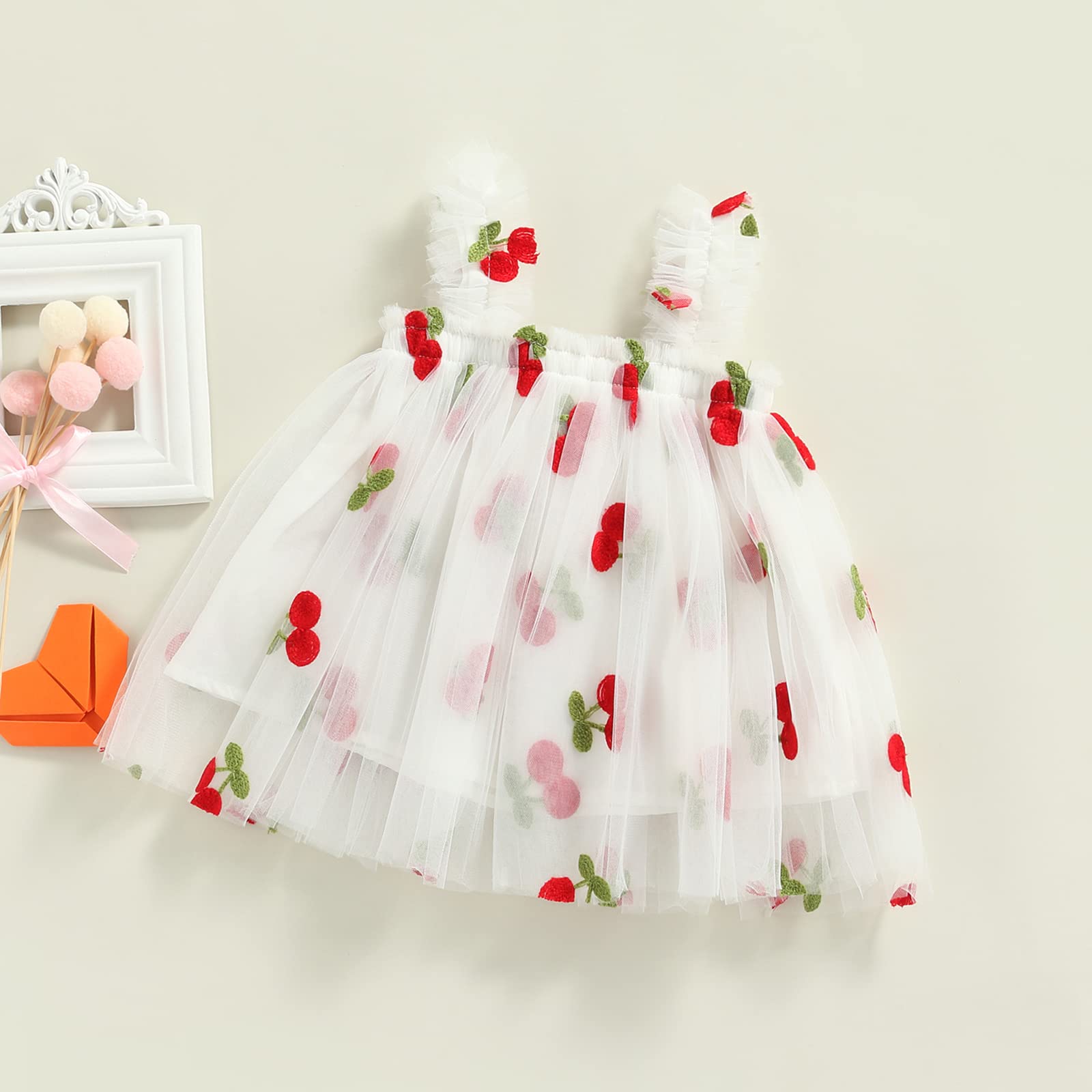 Infant Toddler Baby Girl Summer Dress - Sleeveless Floral Fruit Embroidery Casual Mesh Tutu Puff Dress for Playdates, Beach Outings & Birthday Parties
