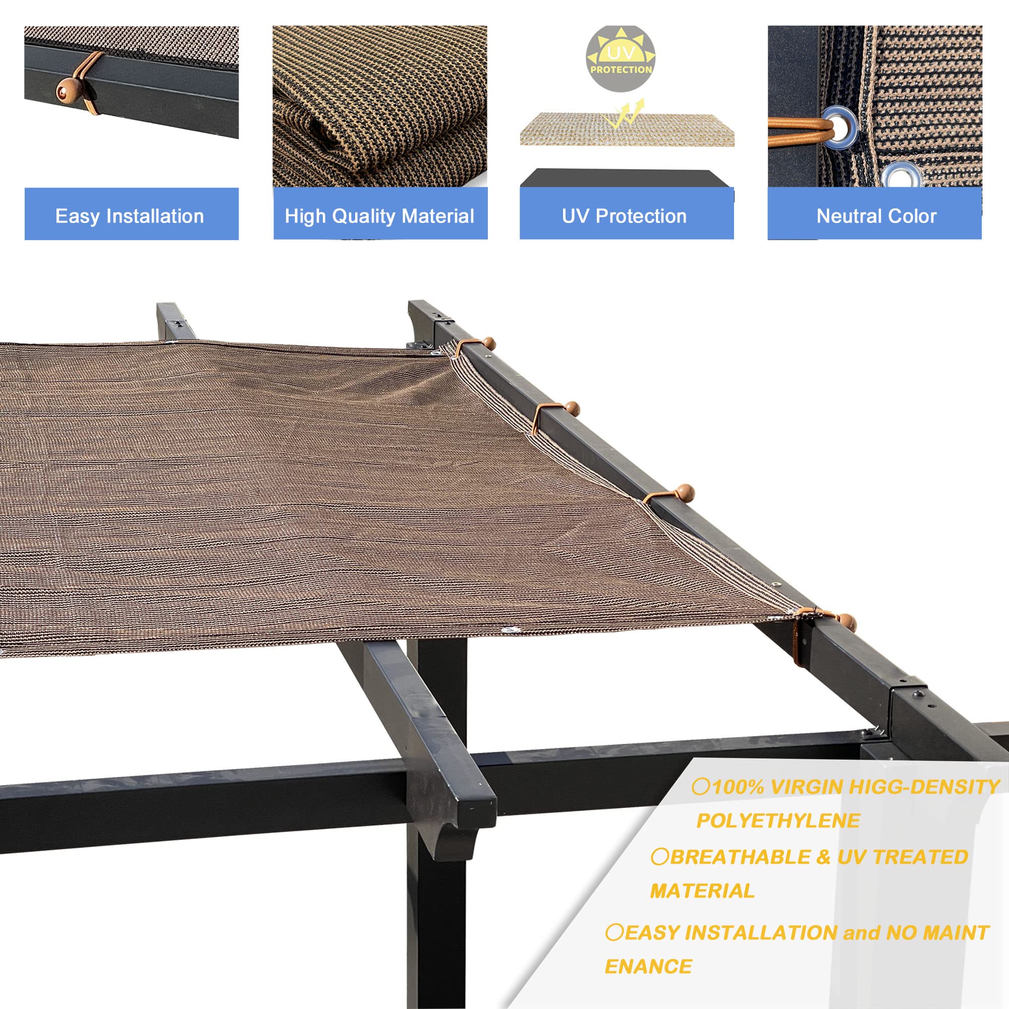 Alion Home 14' x 16' Brown HDPE Permeable Outdoor Pergola Sun Shade Cover with Grommets - Durable Patio Canopy for Backyard, Garden, and Poolside Shade Protection