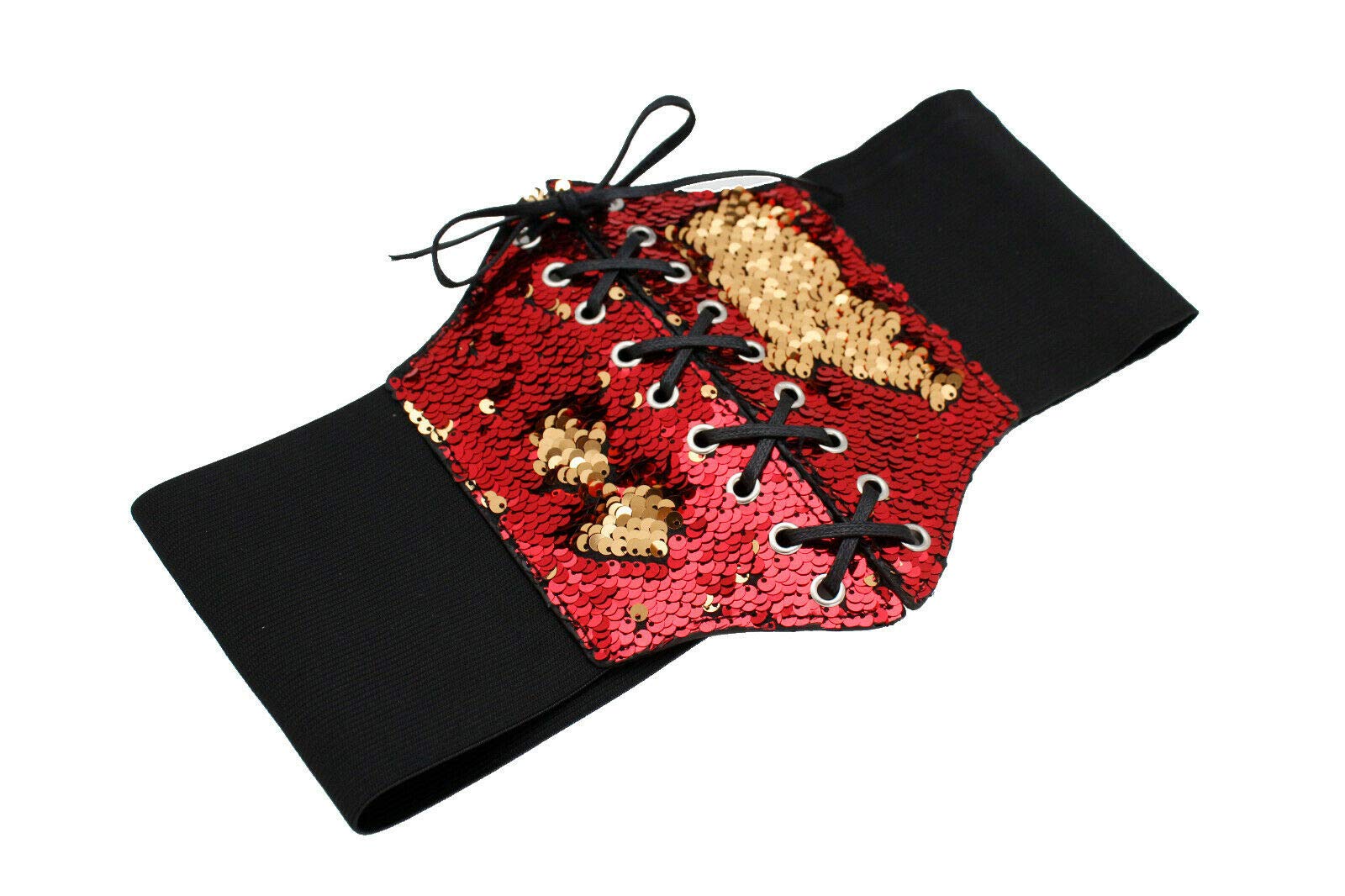 Women's Wide Elastic Corset Belt with Bling - High Waist Red & Gold Sequins - Size S/M - Perfect for Waist Training, Costume Parties & Burlesque Outfits