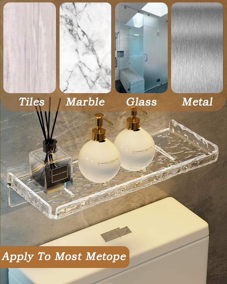 Clear Acrylic No-Drill Wall Mount Adhesive Shower Storage Shelf - Floating Bathroom Organizer for Shampoo, Soap & Beauty Products | Perfect for Small Spaces & Rental Homes