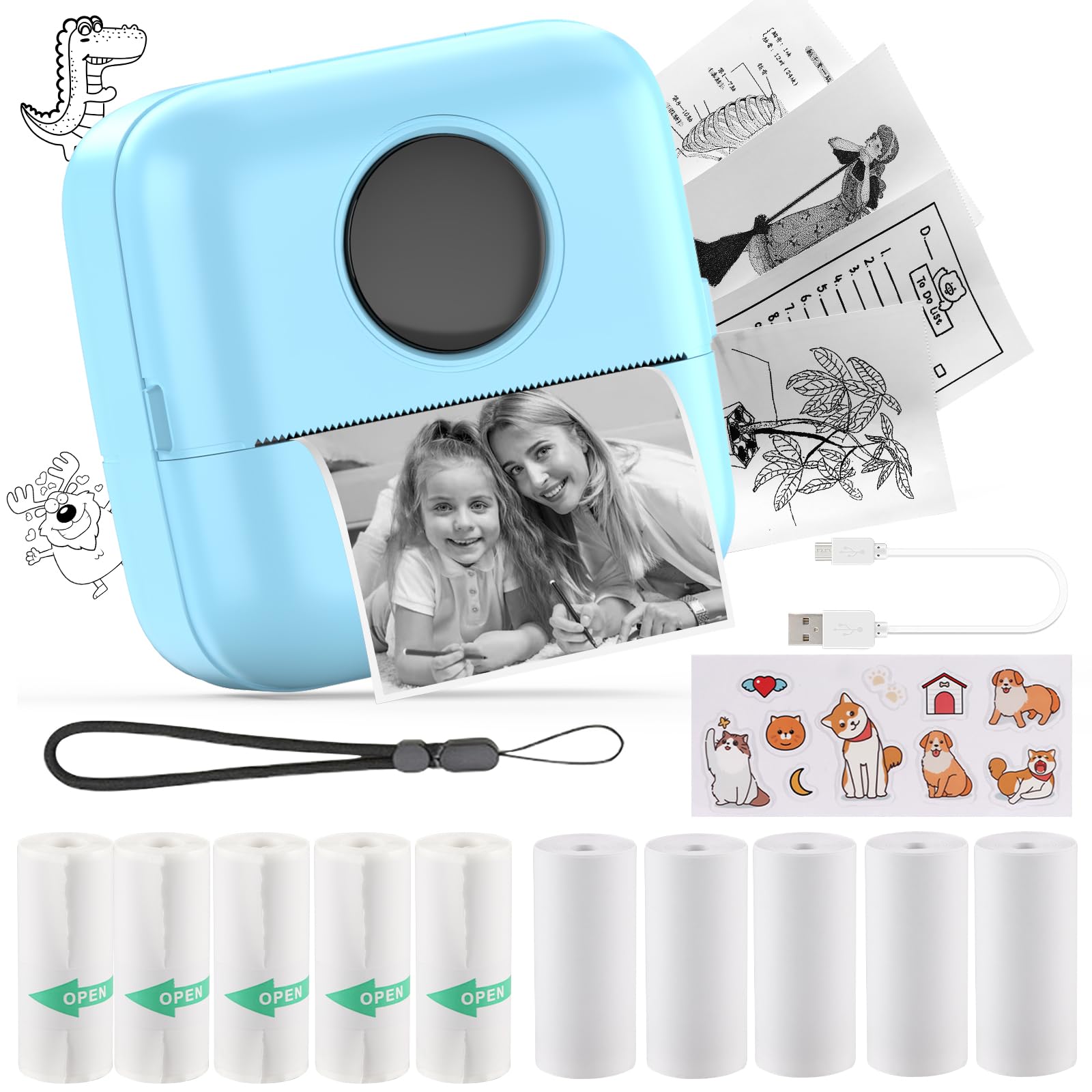 HuiJuKeJi Mini Sticker Printer - Bluetooth Smart Pocket Thermal Printer for iOS & Android | Inkless Printing with 11 Rolls Thermal Paper | Portable for Receipts, Photos, Journals, Notes & Memos | Perfect for Home, Office & Travel Use