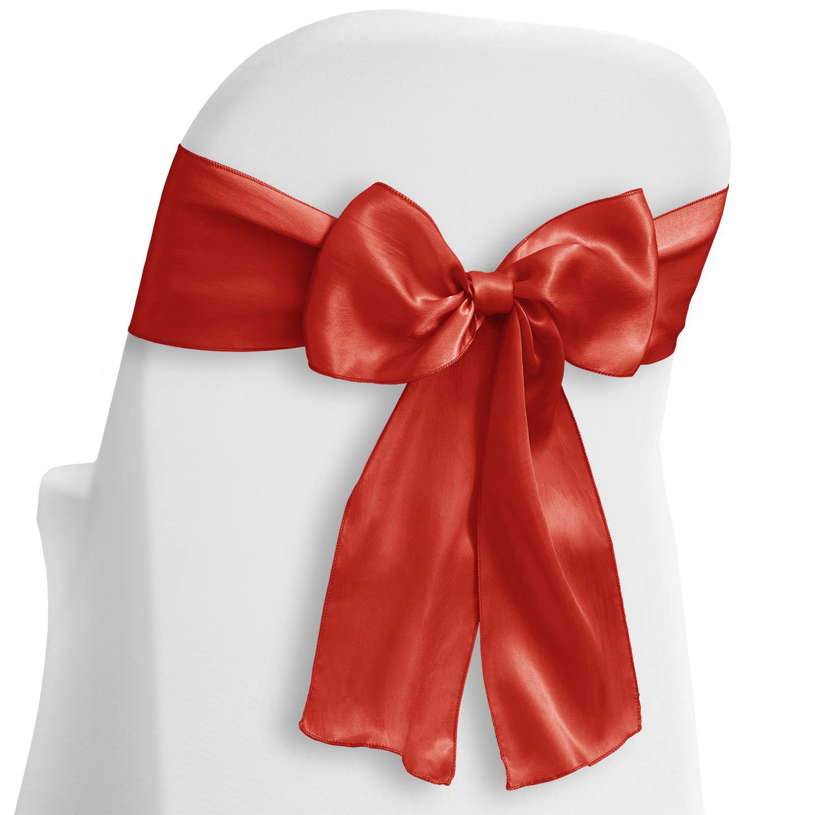 Lann's Linens - 100 Elegant Satin Wedding/Party Chair Cover Sashes with Ribbon Tie Back Bows in Red - Perfect for Banquets, Receptions & Special Events