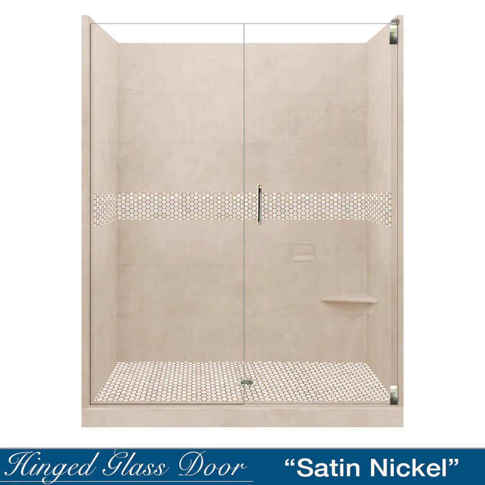 60 Alcove Desert Sand Sistine Stone & Honey Hex Mosaic Tile Accent - DIY Shower Remodel Kit with Free Shampoo Niche | Bathroom Wall & Floor Tile for Shower Backsplash, Bathroom Renovation, and Home Decor