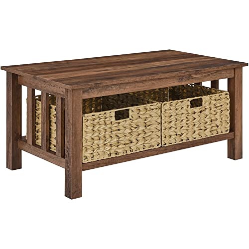 Pemberly Row Mission Style Rustic Oak Coffee Table with Storage Baskets - Perfect for Living Room, Family Room, and Farmhouse Decor