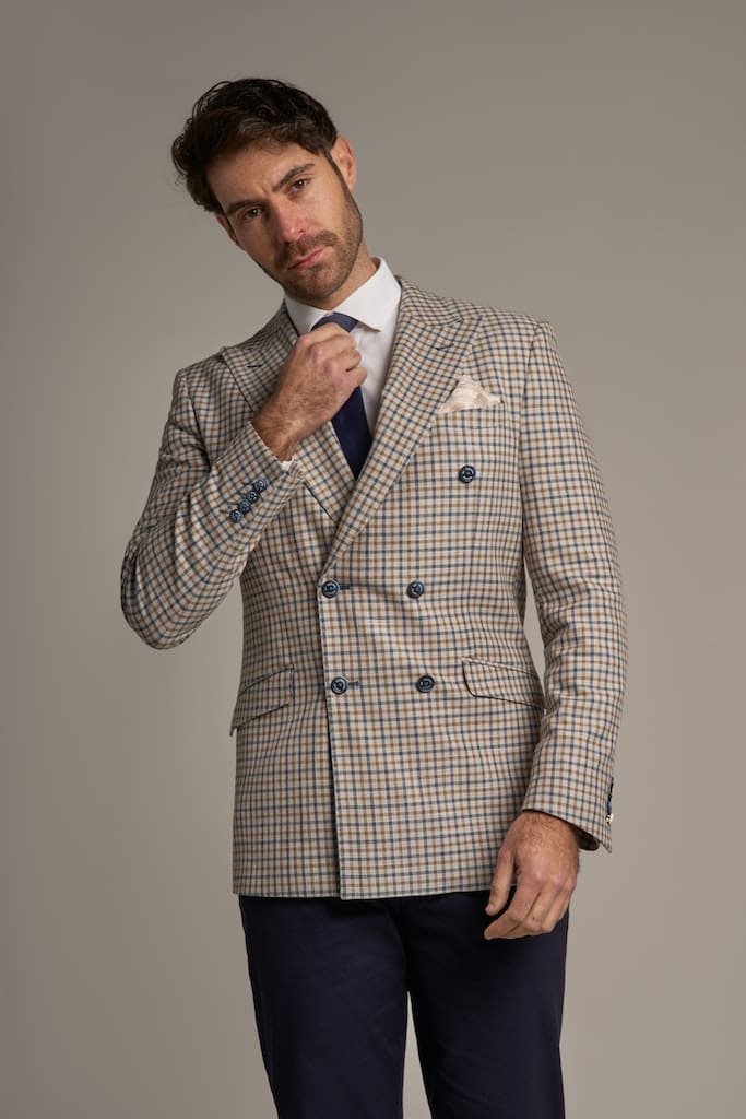 Sergio Cavani Double Breasted Beige Checkered Blazer for Men - Elegant Business Formal Wear & Office Suit Jacket for Weddings, Meetings, and Professional Events