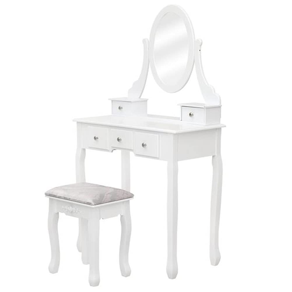 White Makeup Vanity Dressing Table Set with Mirror & 5 Drawers - Cushioned Stool Included - Perfect for Women & Girls Bedroom, Dressing Room or Beauty Salon