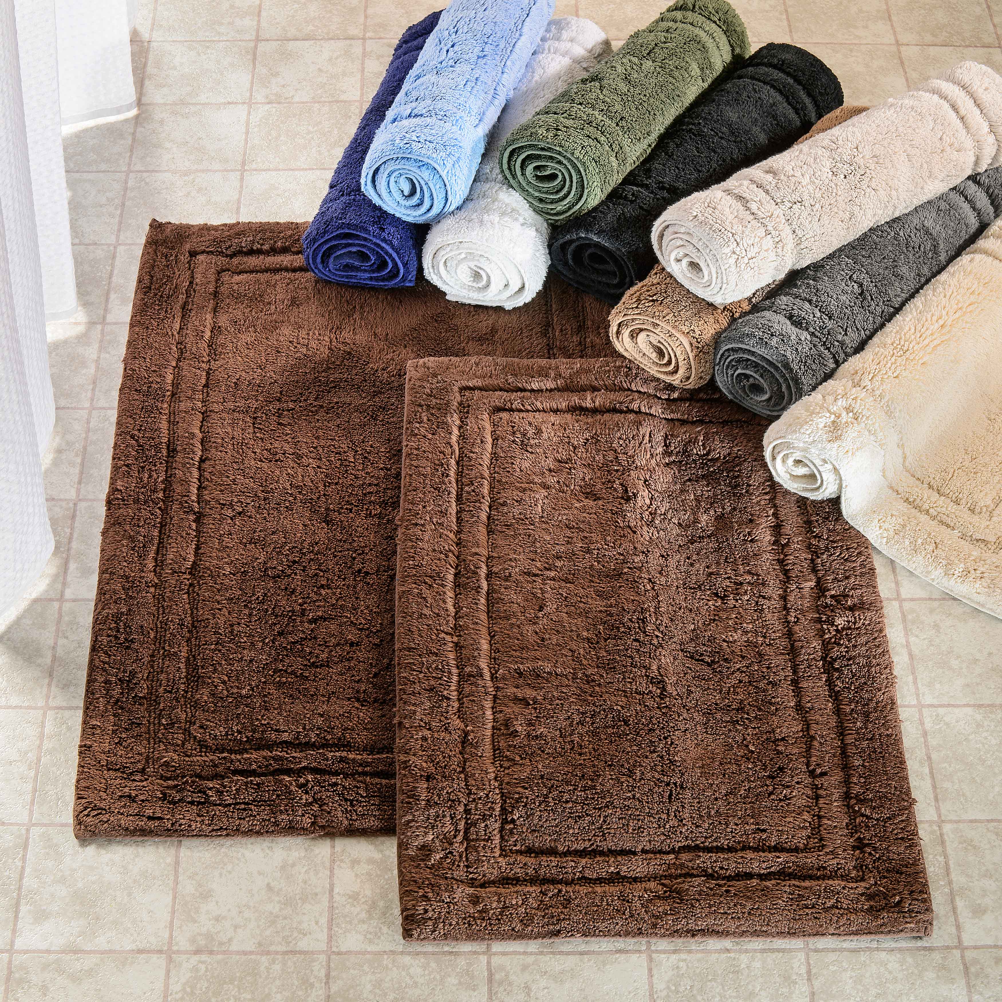 Premium Cotton Non-Slip 2-Piece Bath Rug Set - Soft Absorbent Bathroom Mat for Shower, Tub & Vanity Area - Machine Washable Bath Mats for Safety and Comfort