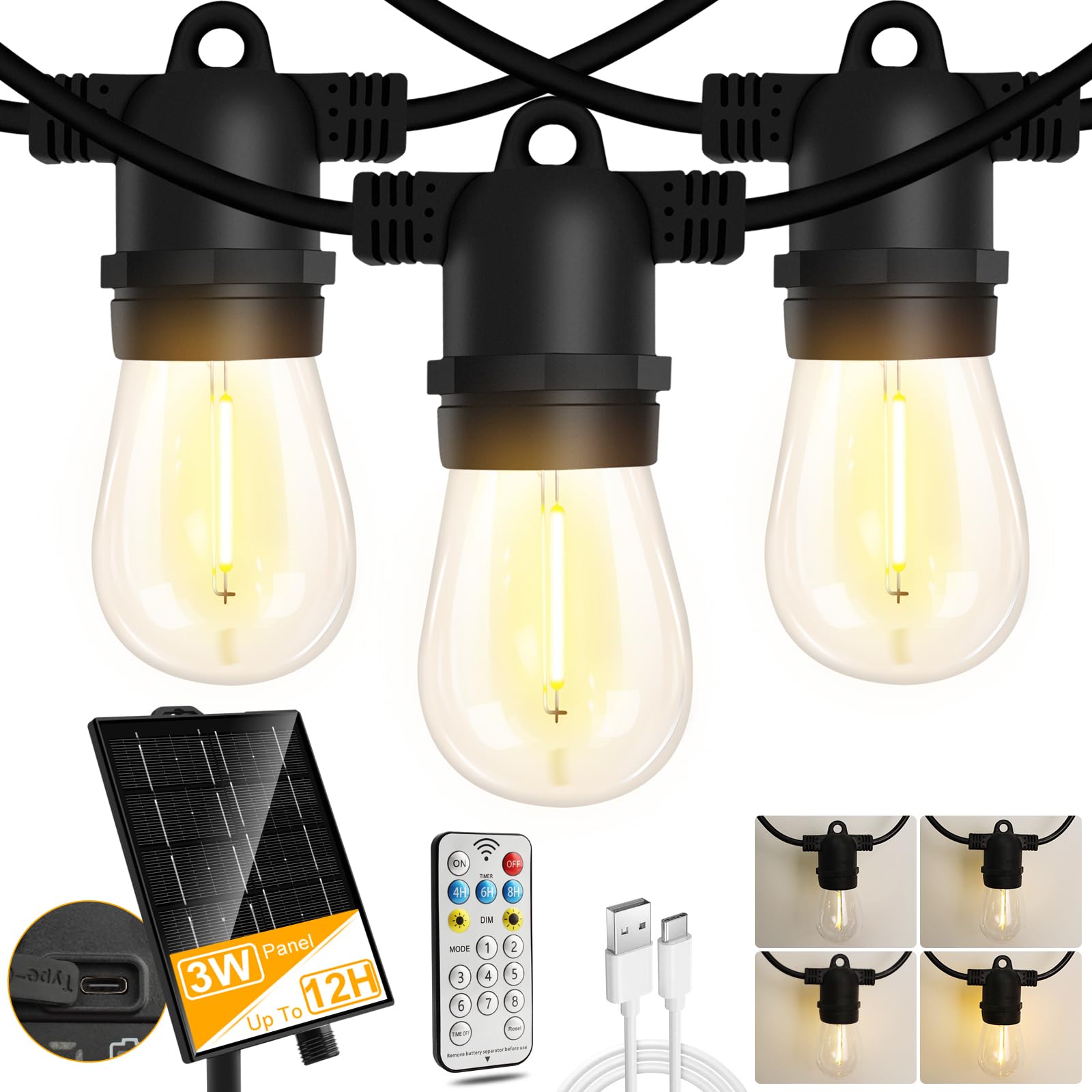 50FT Solar String Lights Outdoor Waterproof - 15+1 S14 LED Bulbs with Remote Control, Timer & 8 Dimmable Modes - USB Powered Solar Lights for Patio, Yard, Balcony, Camping - Perfect for Backyard Parties, Weddings & Outdoor Decor