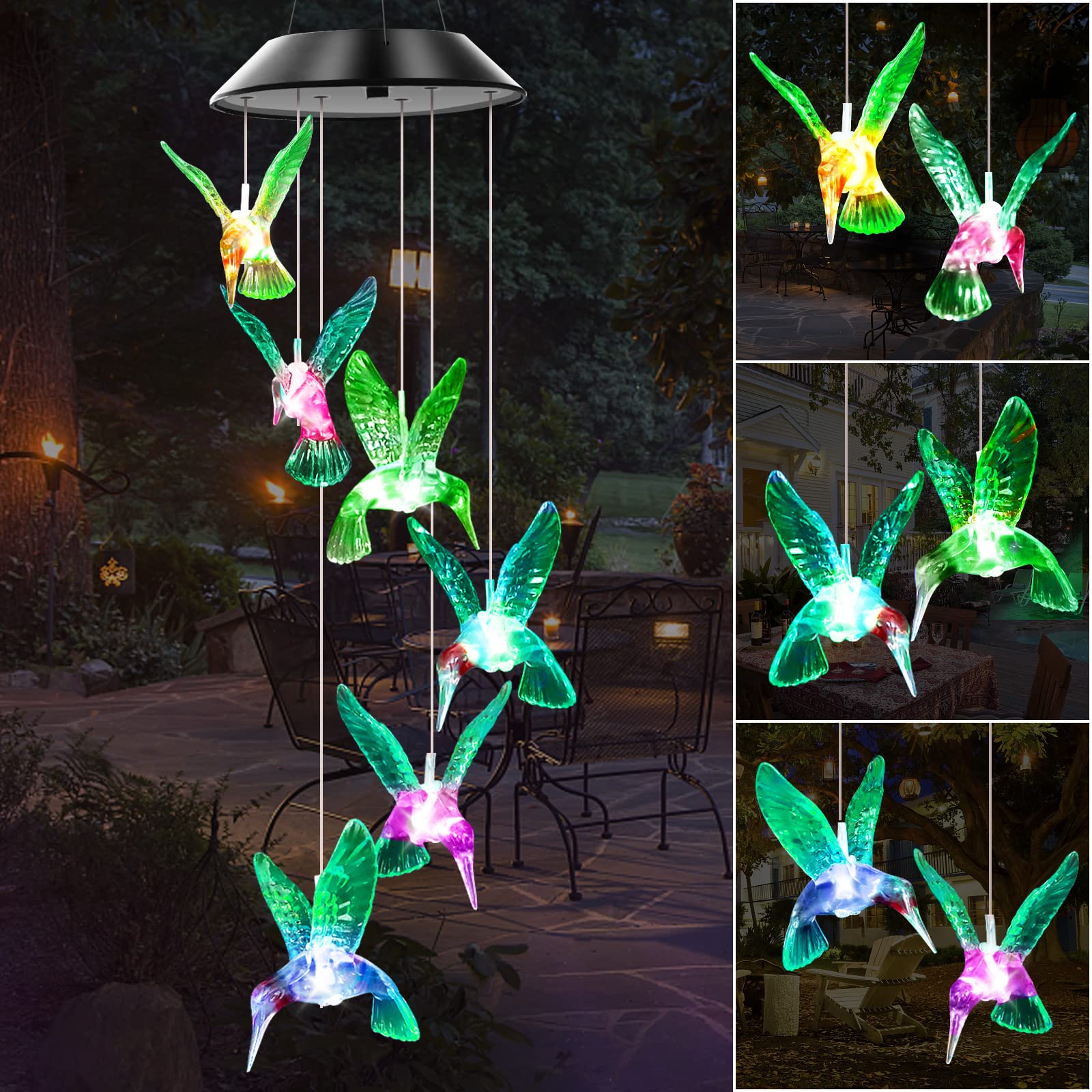 Color Changing Solar Wind Chimes with Hummingbird Design - Outdoor Garden Decor for Patio, Yard & Porch | Unique Gift for Women, Mom, Grandma, Wife, Daughter | Weather-Resistant Wind Chime with LED Lights for Nighttime Ambience